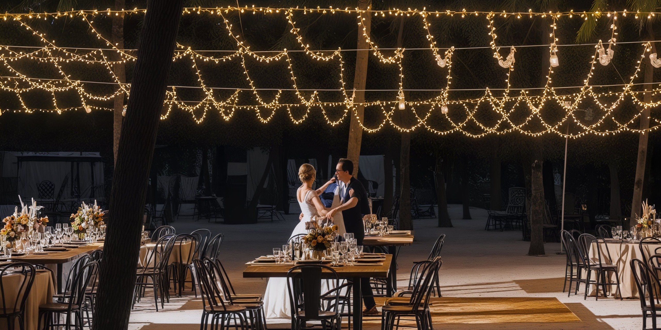 A couple dances beneath the string lights at an outdoor reception during their destination wedding at the Grand Palladium Kantenah.