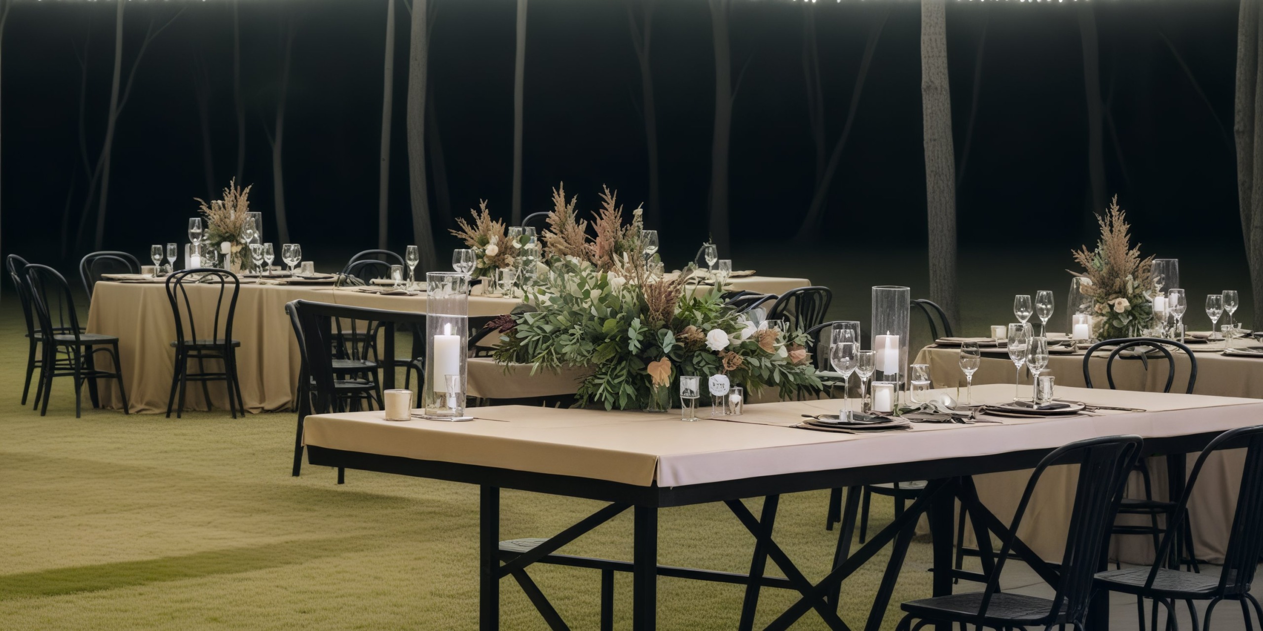 For a destination wedding at Grand Palladium Kantenah, the outdoor tables are elegantly arranged with floral centerpieces and complemented by chic black chairs.
