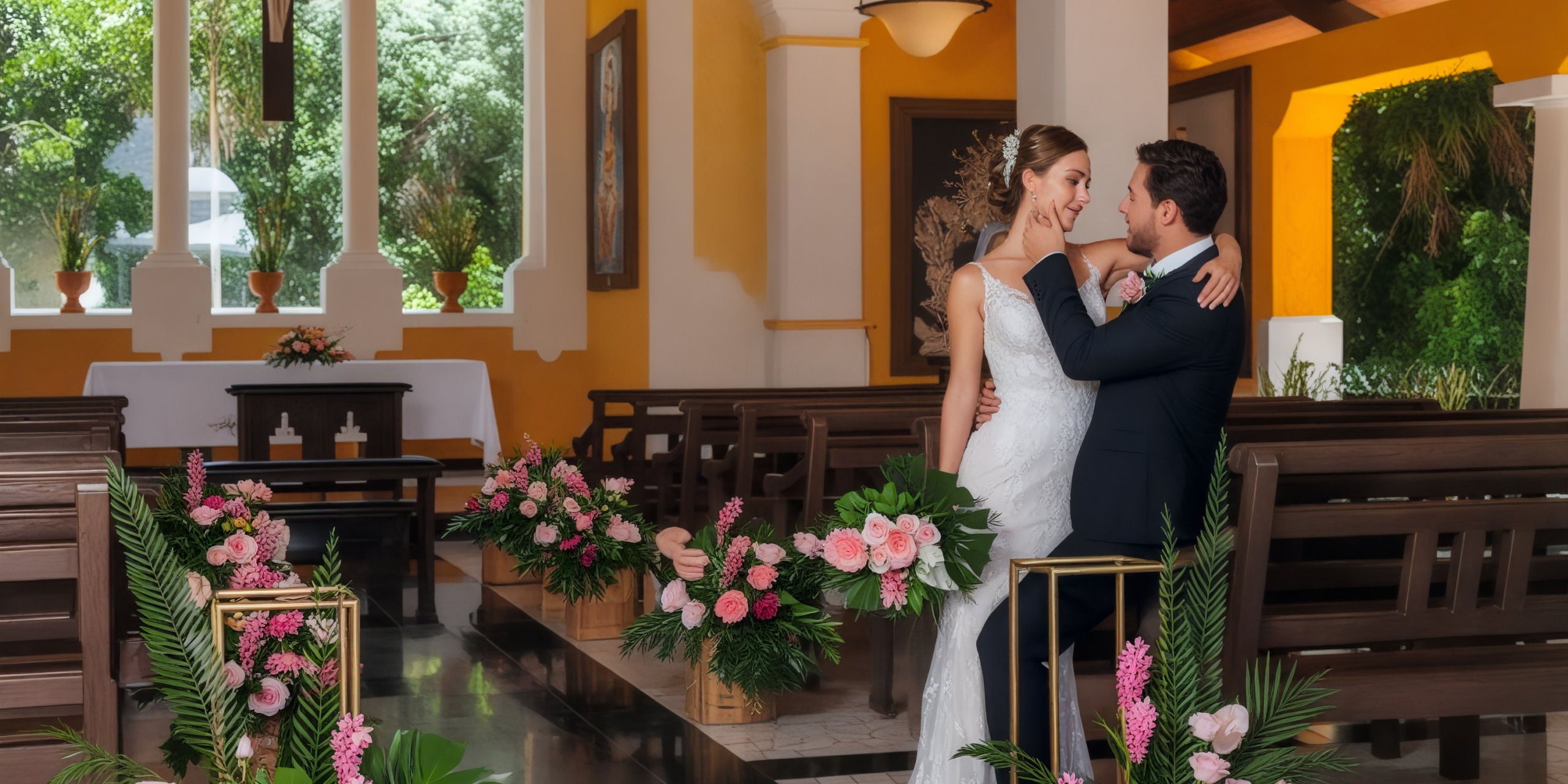 The bride and groom share a touching moment in a beautifully decorated destination wedding chapel.