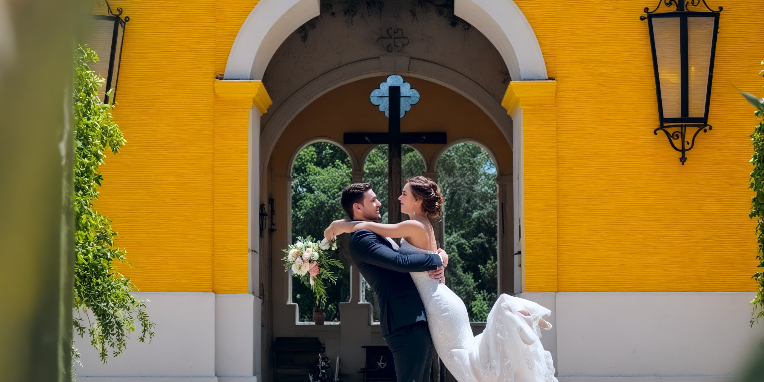 A couple dressed in elegant wedding attire embraces before a vibrant yellow building adorned with arched windows, adding a picturesque charm to their destination wedding.