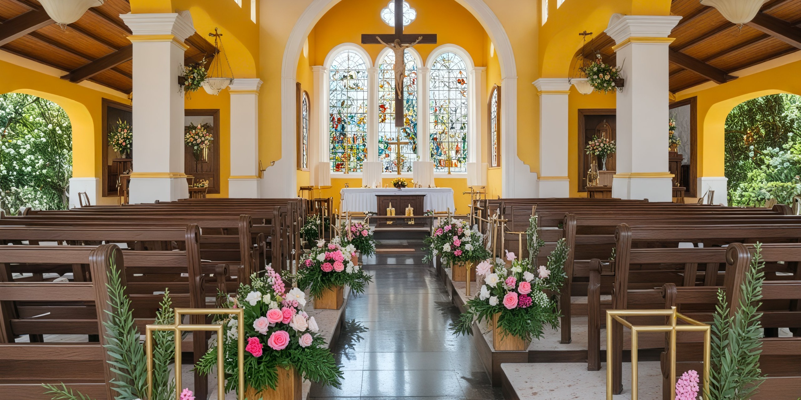 A church interior beautifully adorned for a wedding features rows of pews, a stunning altar, vibrant stained glass windows, and elegant floral arrangements.