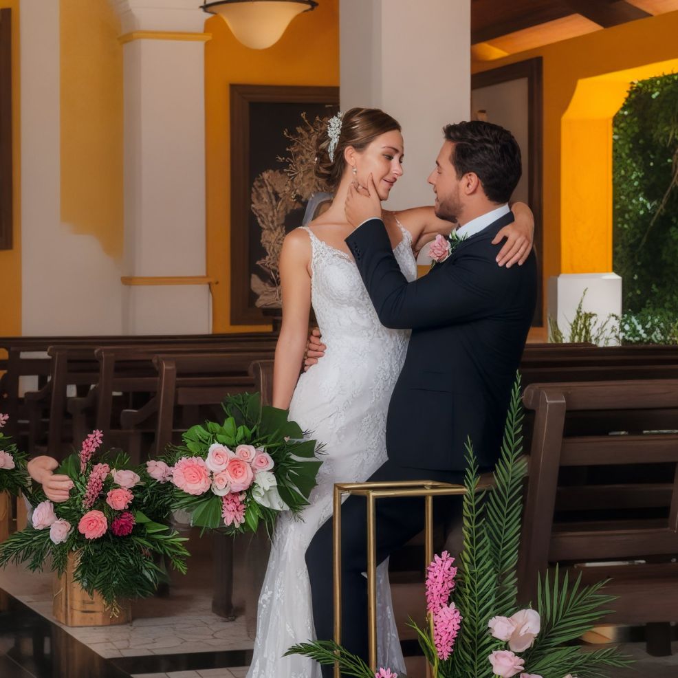 The bride and groom pose amidst beautiful flower arrangements in a beautifully decorated indoor wedding venue.