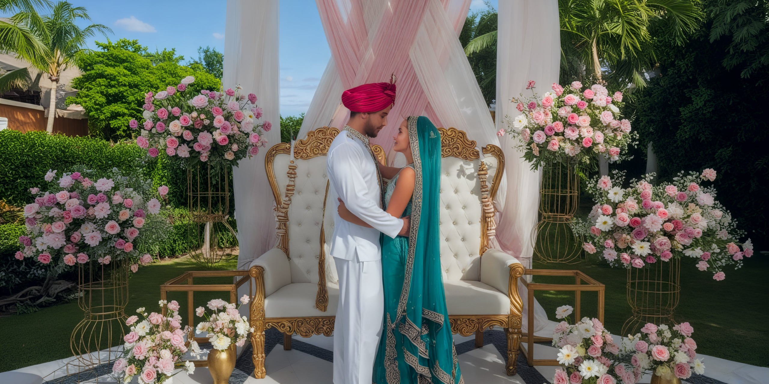 A couple in traditional attire embracing at a beautifully decorated outdoor destination wedding ceremony.
