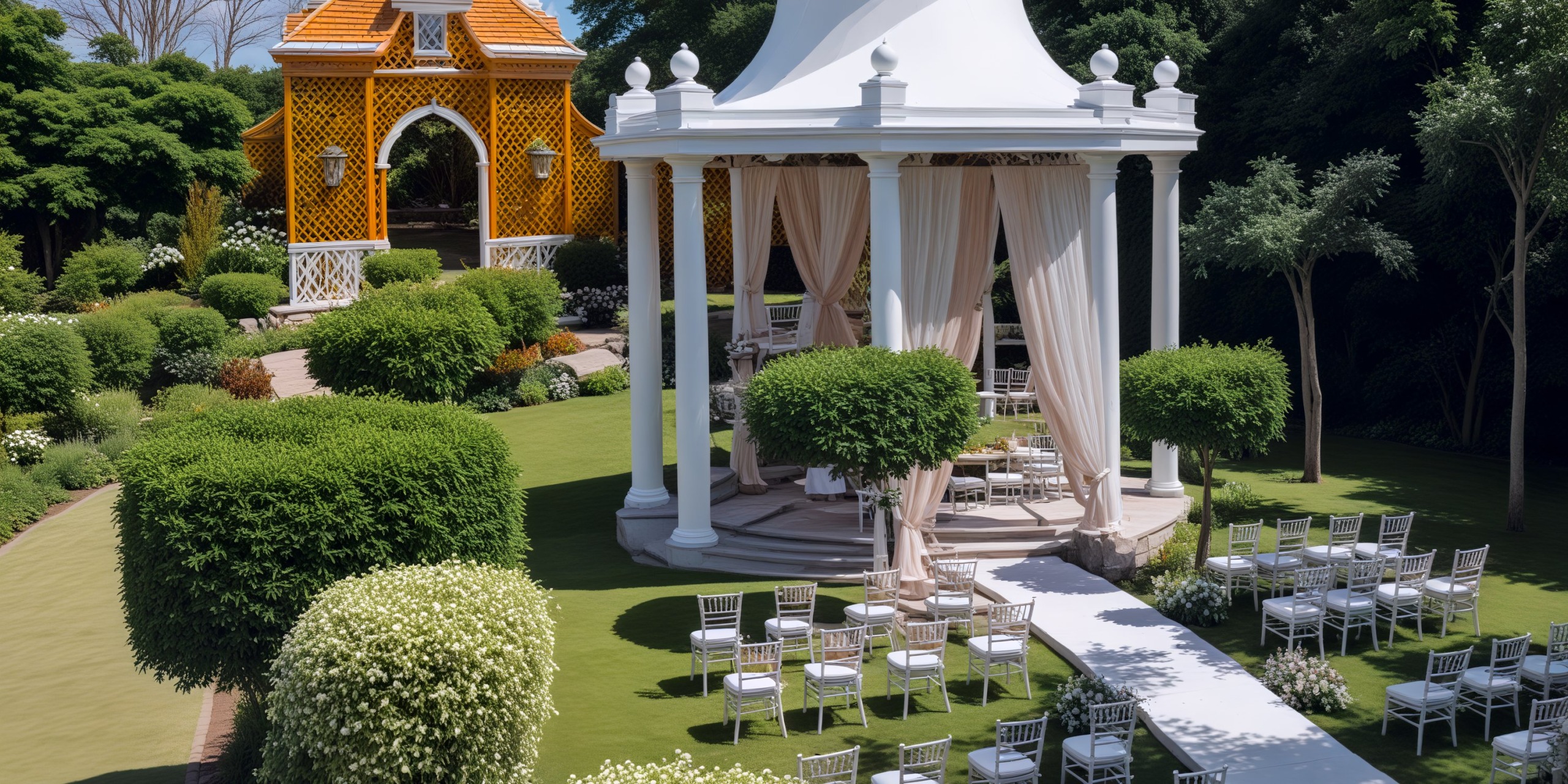 Scenic destination wedding venue featuring a picturesque white gazebo, elegant chairs, and a lush green garden backdrop.