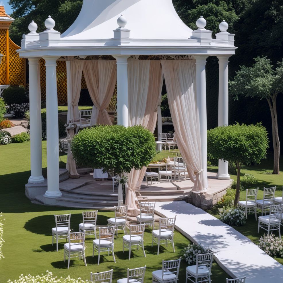 Destination wedding venue featuring a white gazebo adorned with draped curtains, surrounded by elegantly arranged chairs.