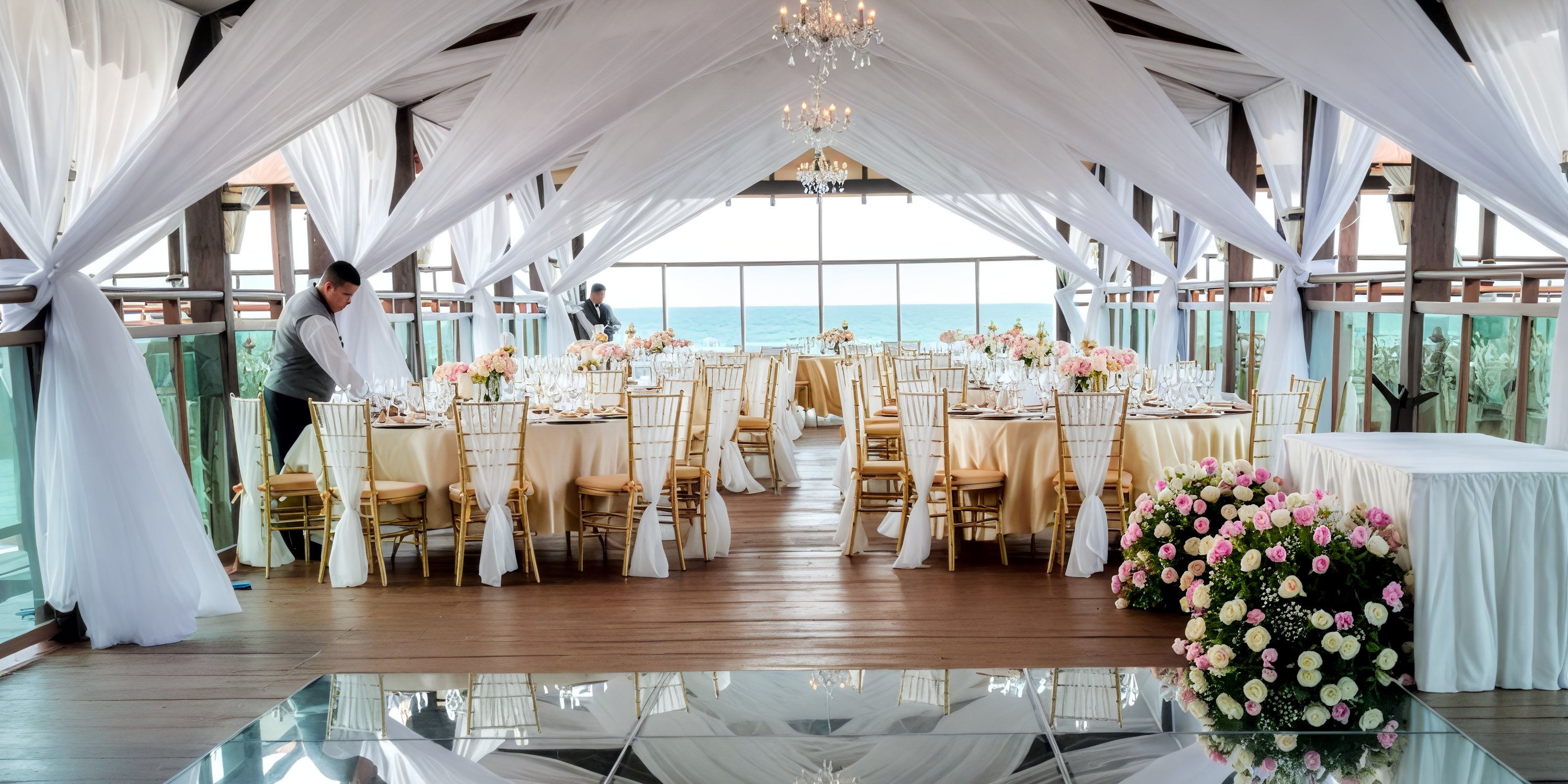 Experience an elegant setup for your destination wedding at Generations Riviera Maya, featuring round tables adorned with floral decor and offering a breathtaking ocean view.