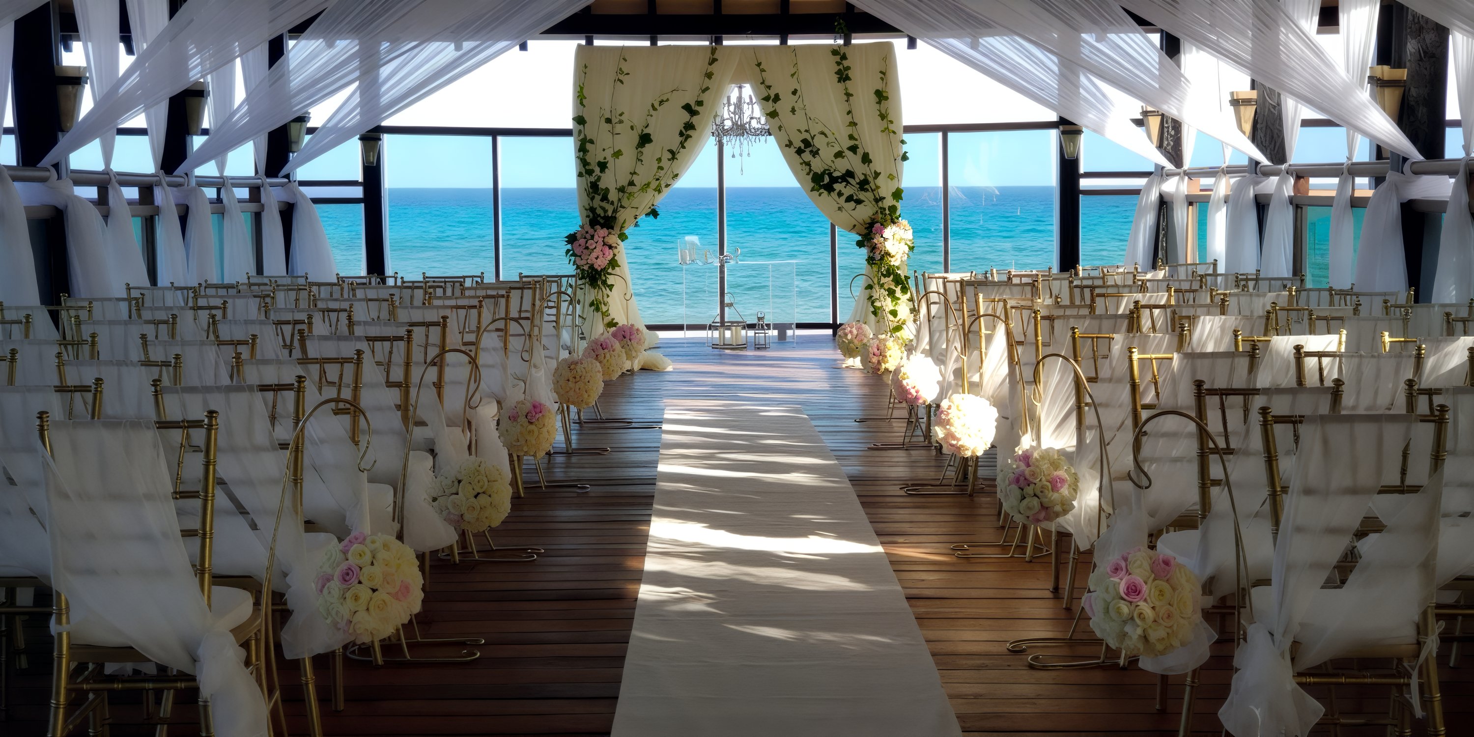 Generations Riviera Maya offers a stunning oceanview wedding aisle adorned with floral decorations and a graceful draped canopy over the chairs, perfect for your destination wedding.