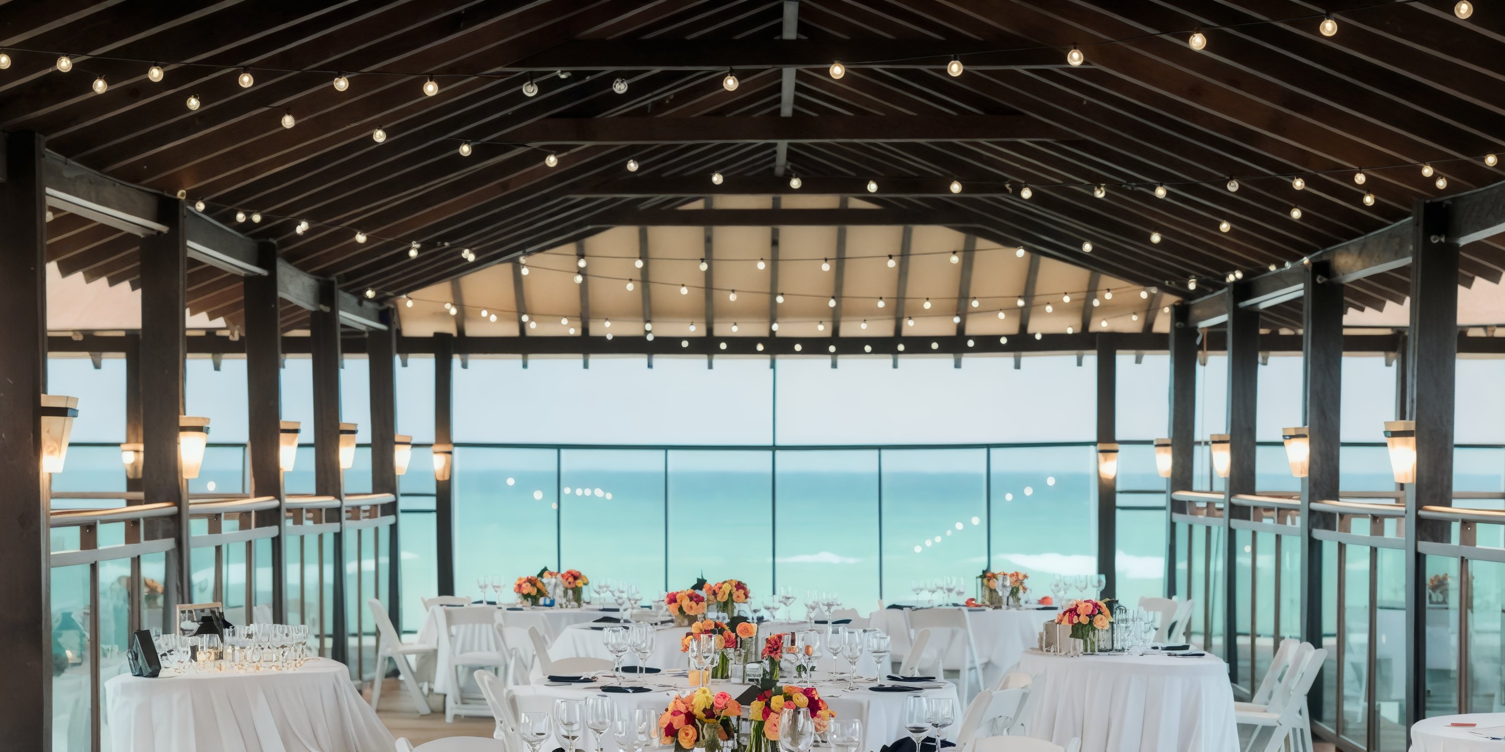 Generations Riviera Maya: An open-air dining space perfectly set for a destination wedding, complete with elegantly arranged tables and breathtaking ocean views.
