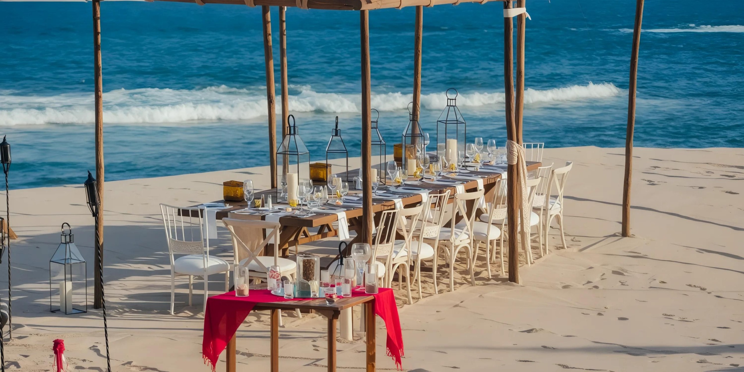 Experience an elegant dining setup at Grand Fiesta Americana Los Cabos, set on a sandy beach and featuring a long table with chairs, candles, and lanterns under a wooden canopy, all against the backdrop of ocean waves.