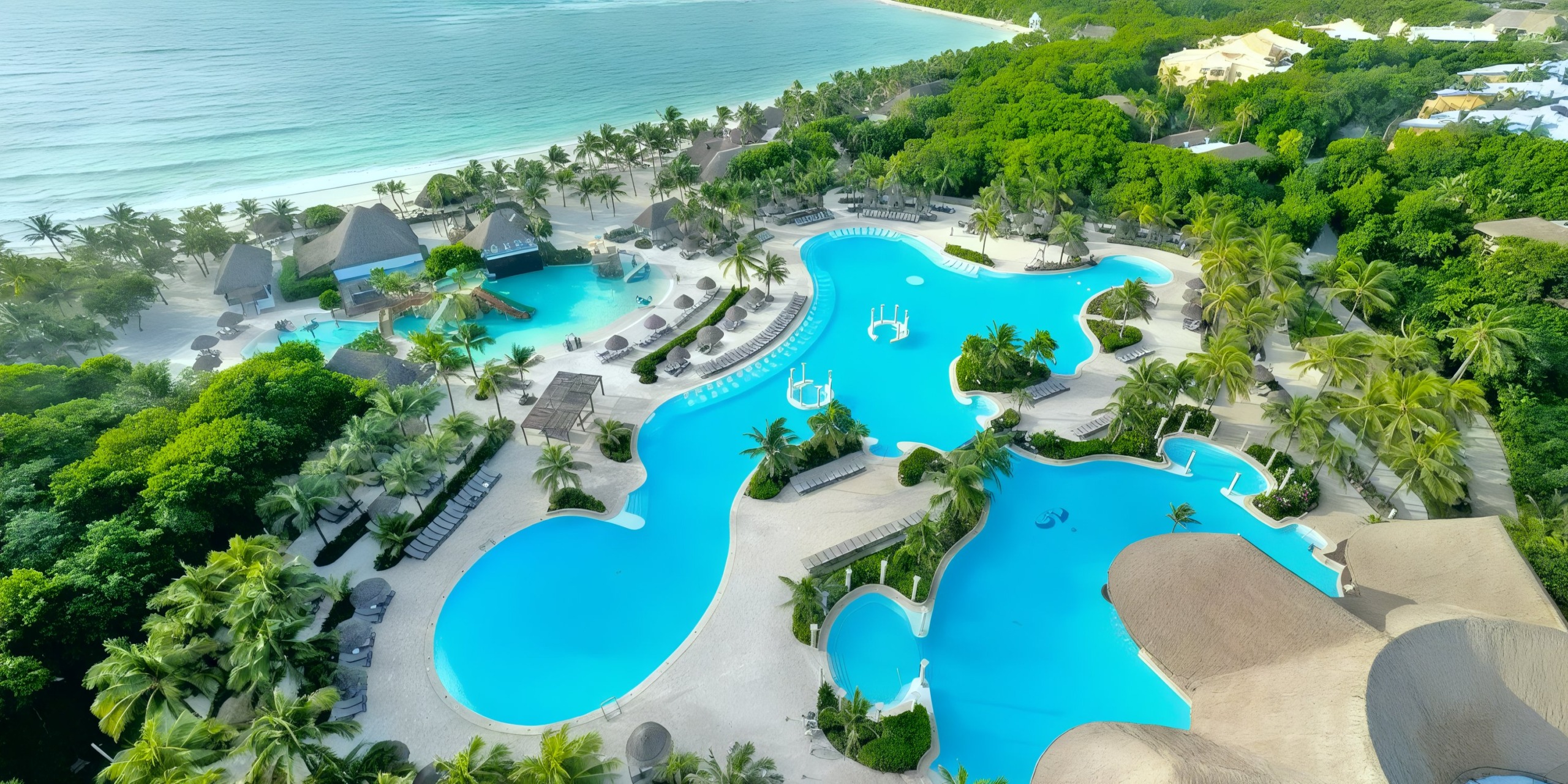 An aerial view of the Grand Palladium Kantenah showcases its large blue pools surrounded by palm trees, sandy pathways, and a nearby beach.