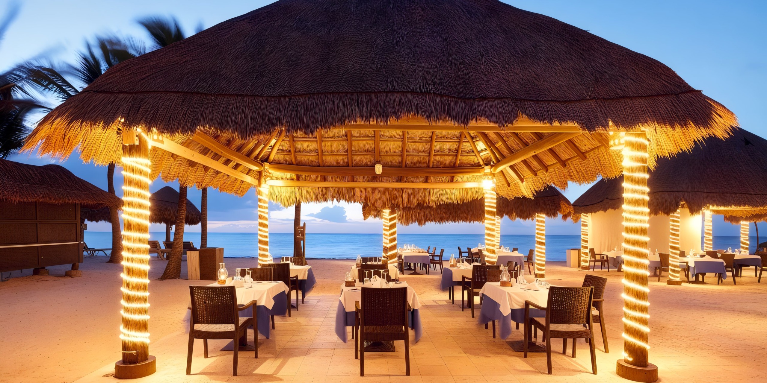 Experience the Grand Palladium Kantenah, an outdoor beach restaurant at sunset featuring thatched roofs, string lights, and beautifully set tables.