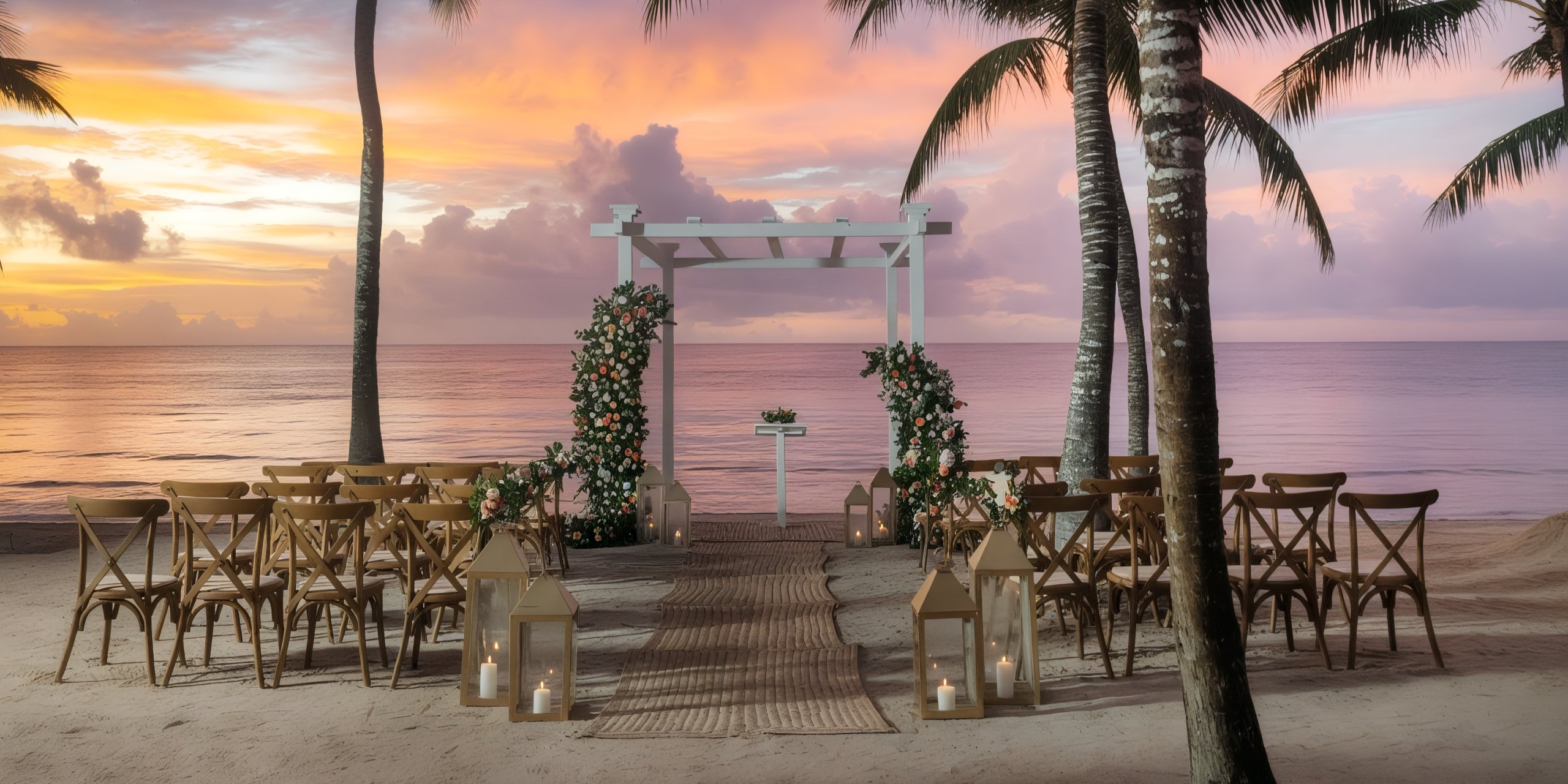 Experience a breathtaking beach wedding setup at Grand Palladium Kantenah, featuring elegant chairs, a floral arch, and enchanting lanterns nestled under palm trees at sunset.