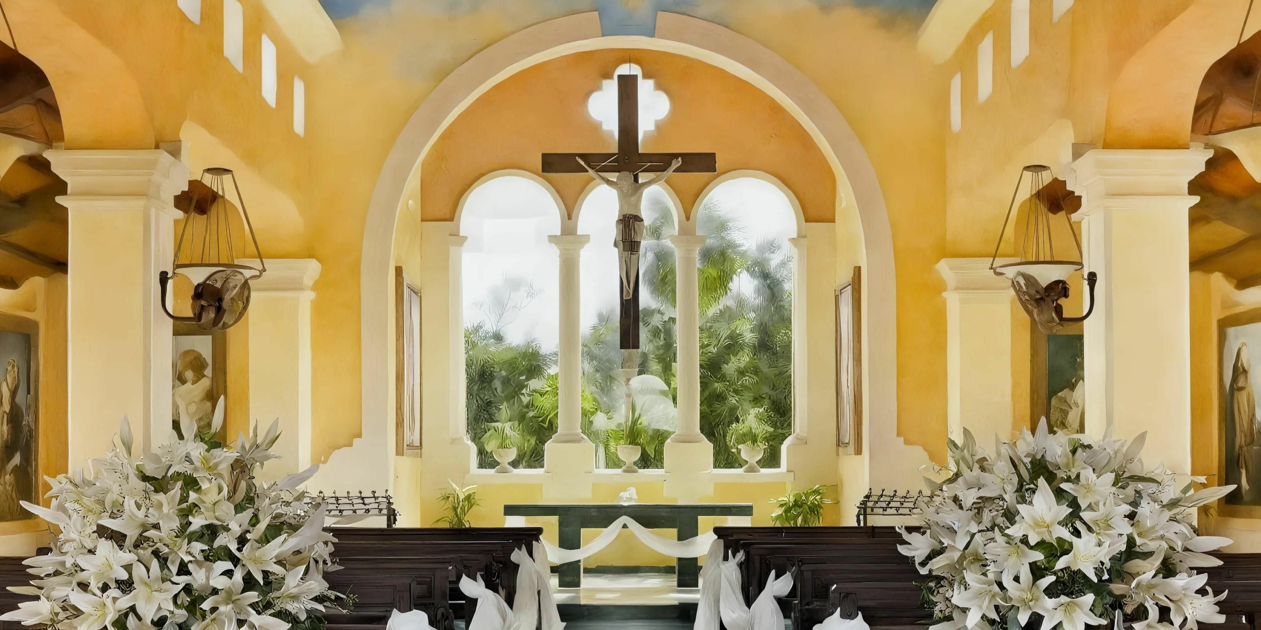 An ornate church interior with a central altar adorned with white flowers. Arched windows and walls painted in warm yellow surround a crucifix above the altar.