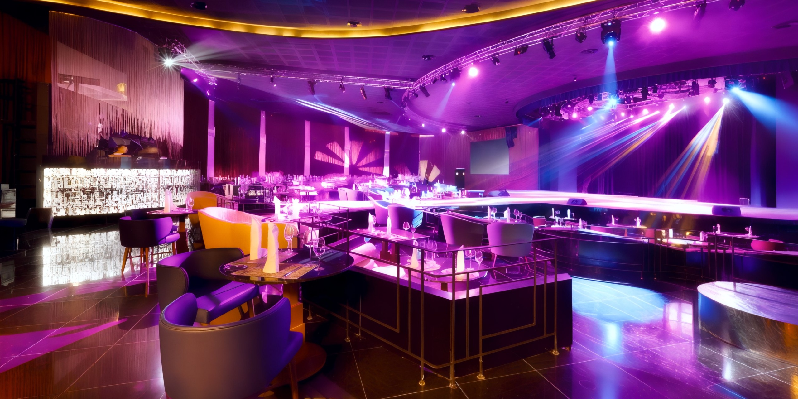The interior of Grand Palladium Kantenah features a lively nightclub ambiance with striking purple lighting, unoccupied tables and chairs, a bar positioned on the left, and a stage highlighted by spotlights.