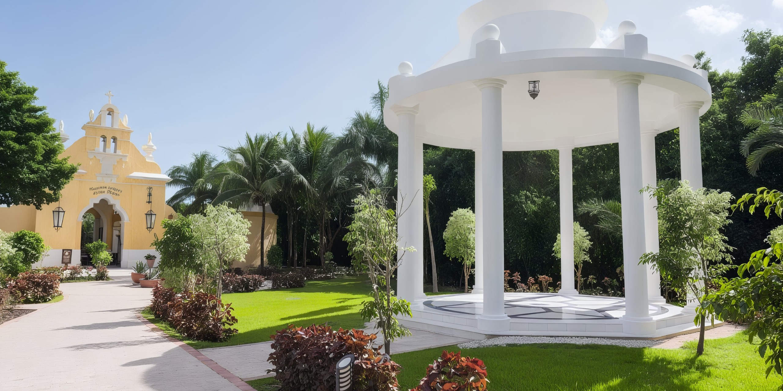 The Grand Palladium Kantenah features a serene white gazebo and charming yellow chapel, both nestled amidst lush green lawns and trees beneath a clear blue sky.