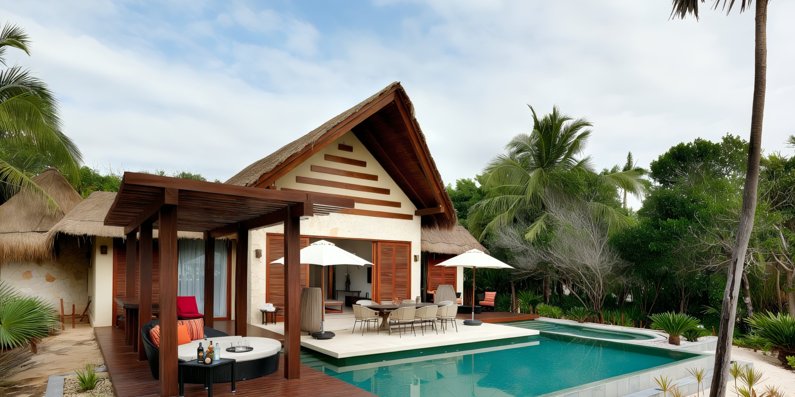 Experience the Grand Palladium Kantenah, a tropical haven featuring a thatched-roof villa complete with a wooden pergola and an outdoor dining area by the pool, all surrounded by palm trees and lush greenery.