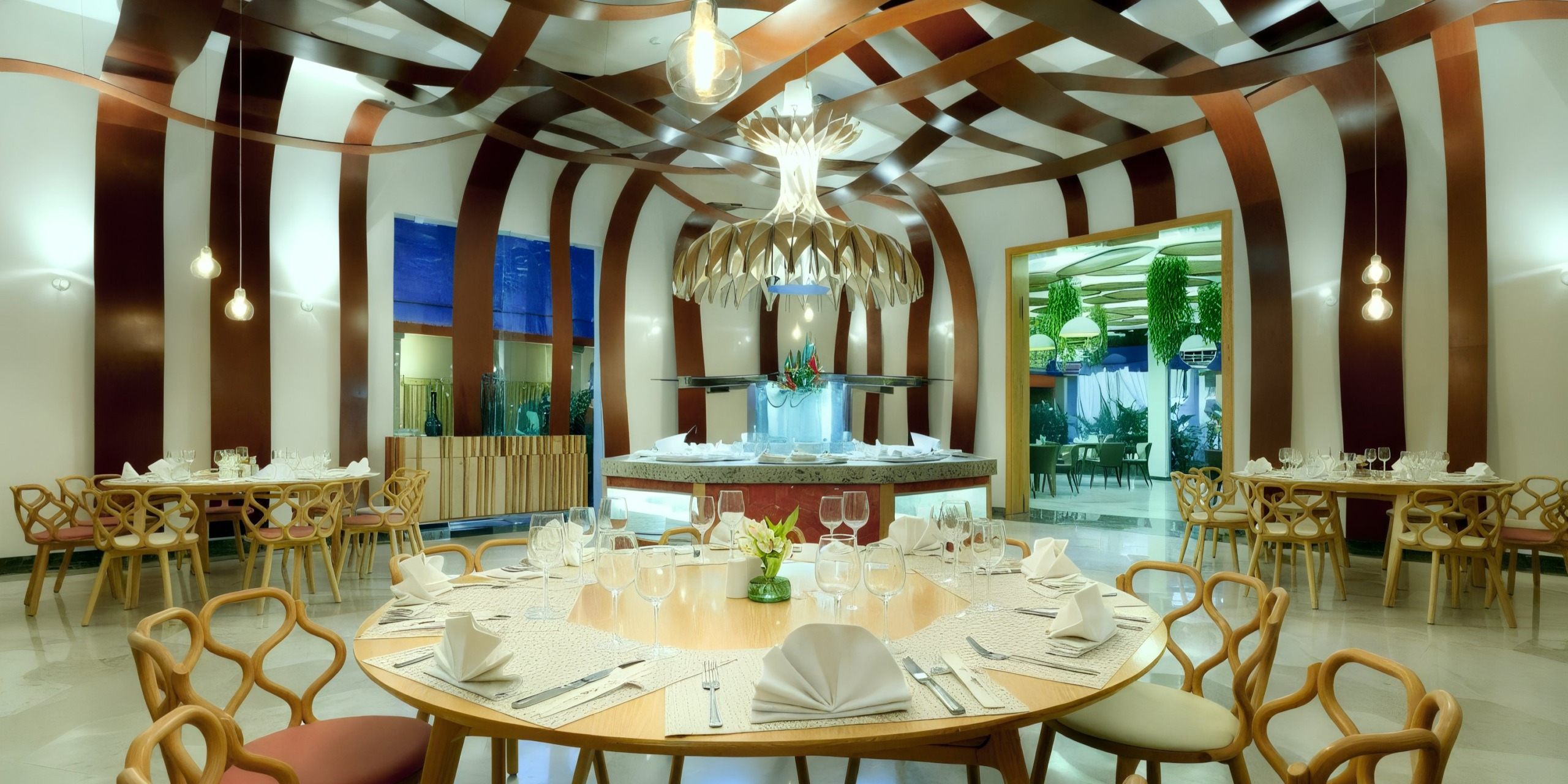 The sophisticated ambience of the Grand Palladium Kantenah features round wooden tables and intricately designed chairs, all under the glow of a decorative chandelier. Each table is thoughtfully arranged with white napkins, plates, and glasses, complemented by a large window view in the background.