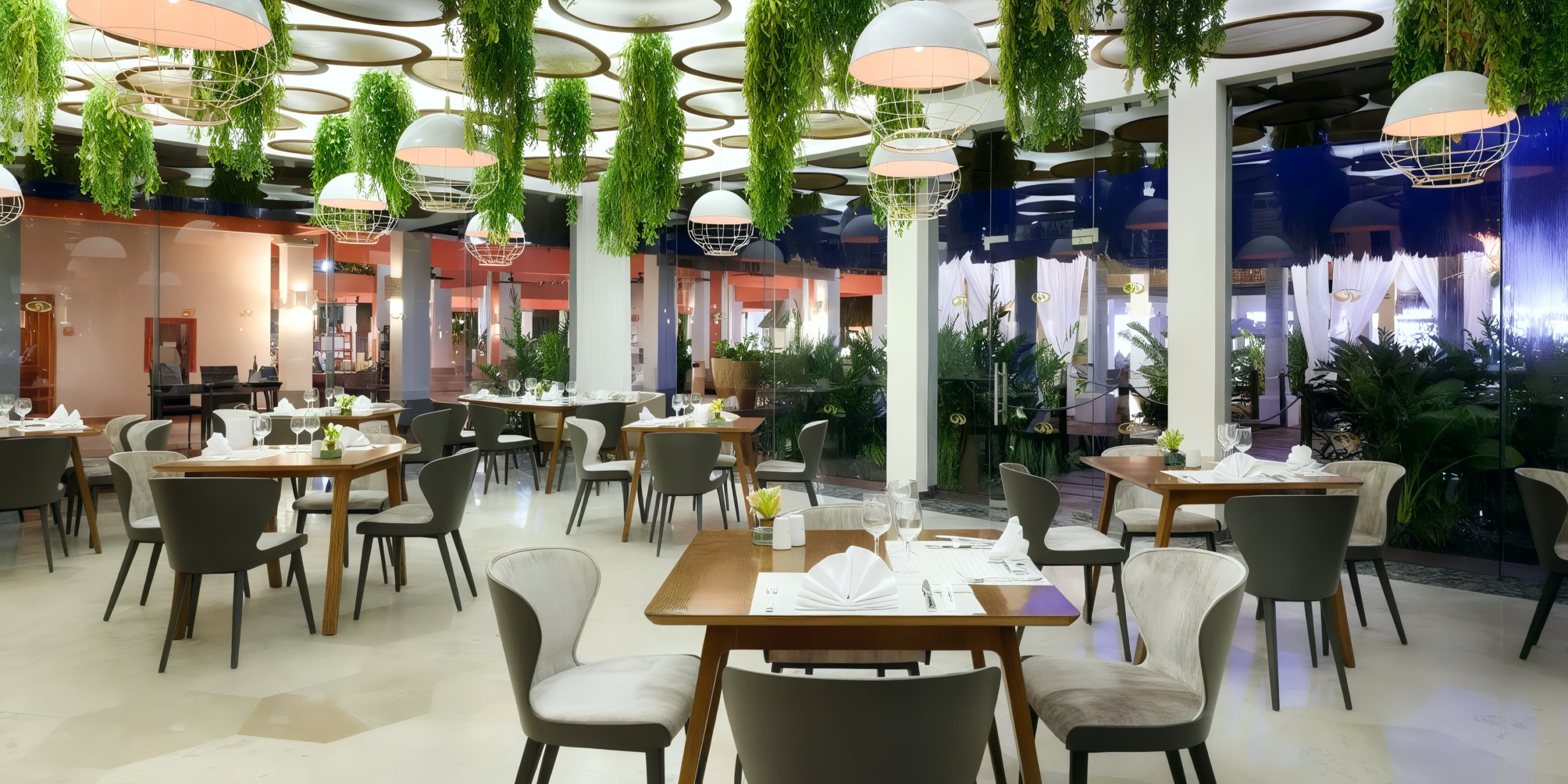 Experience the modern interior of Grand Palladium Kantenah, featuring wooden tables, white chairs, and hanging green plants. The soft lighting creates a welcoming atmosphere, with tables set with menus and napkins for guests.