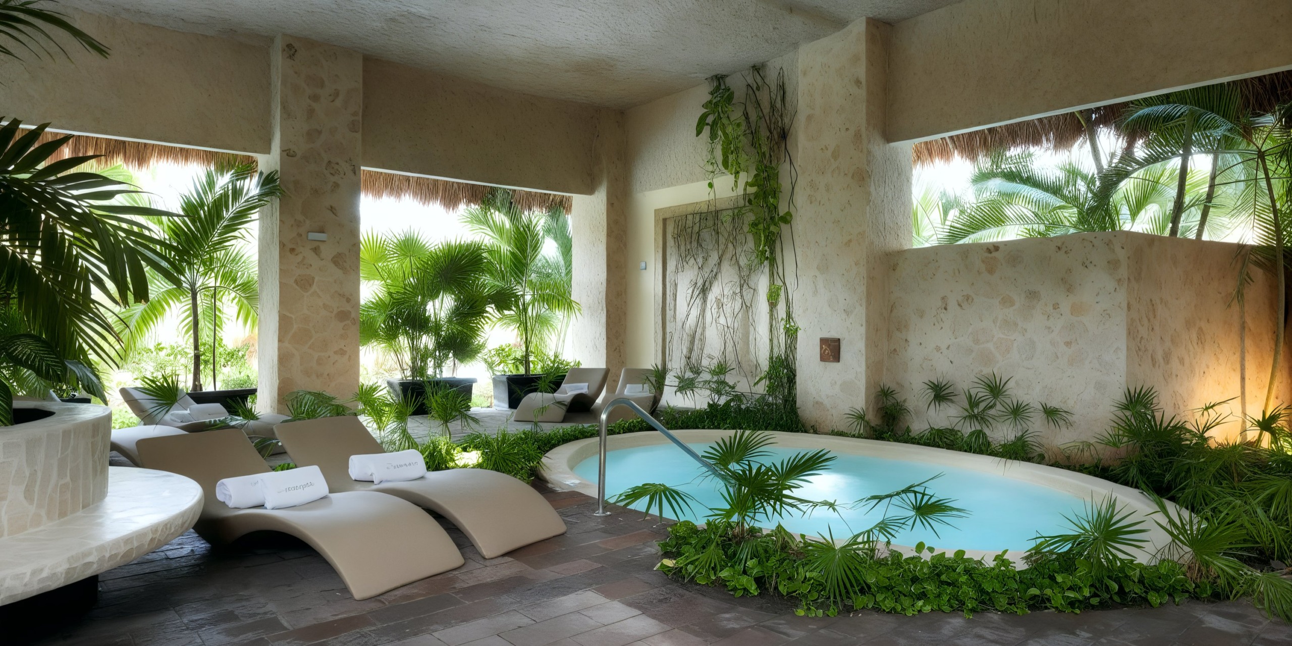 Experience the indoor spa area at Grand Palladium Kantenah, featuring a small round pool encircled by lush tropical plants and elegant beige lounge chairs, all beneath a stone ceiling that allows natural light to stream through large windows.