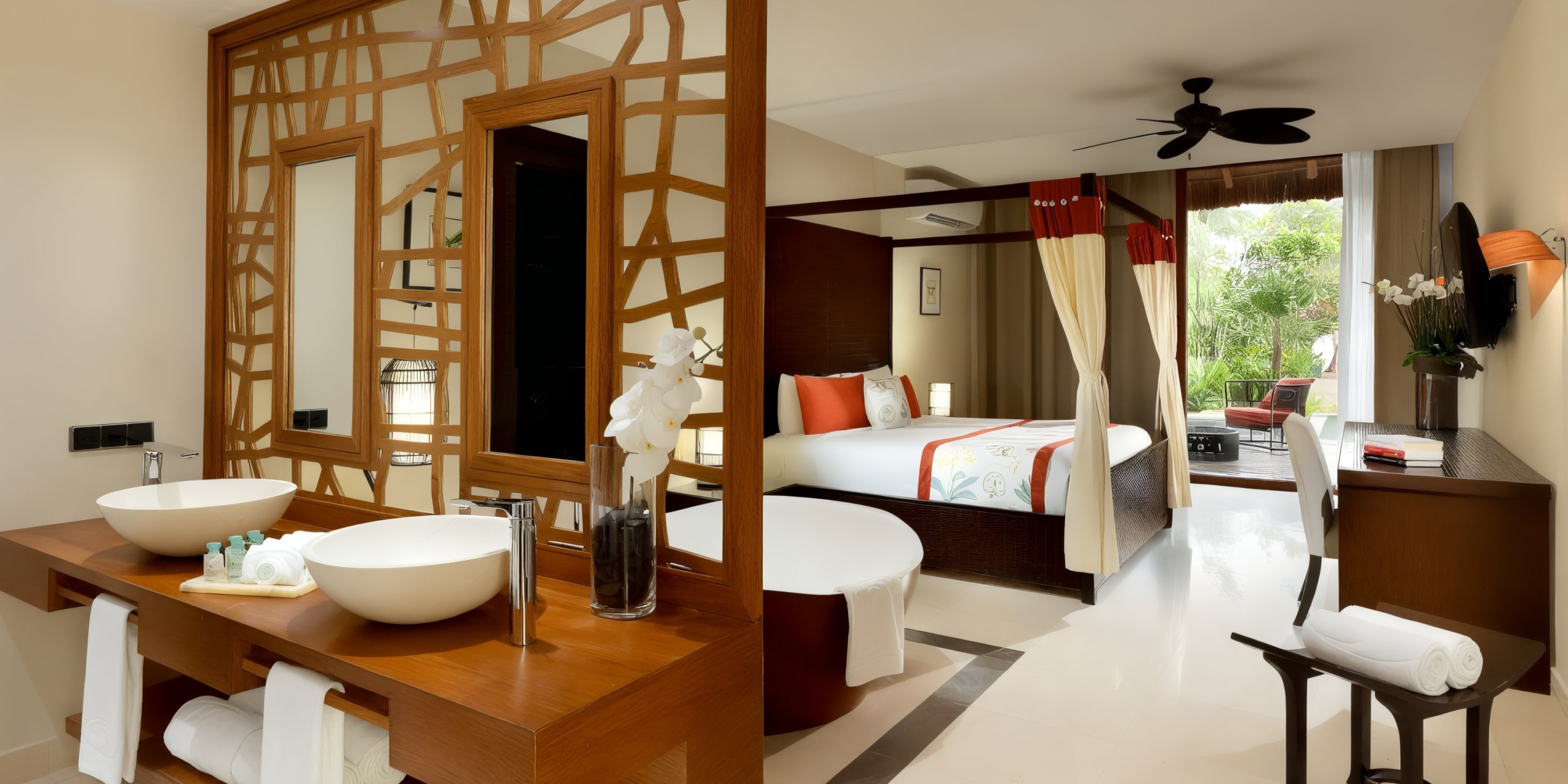 Enjoy a stay at the Grand Palladium Kantenah, featuring an elegant hotel room with a comfortable bed and a modern bathroom equipped with double sinks and a large mirror. The stylish wooden decor complements the setting, along with a ceiling fan to keep you cool. Relax as you take in the view of the garden through the sliding door.