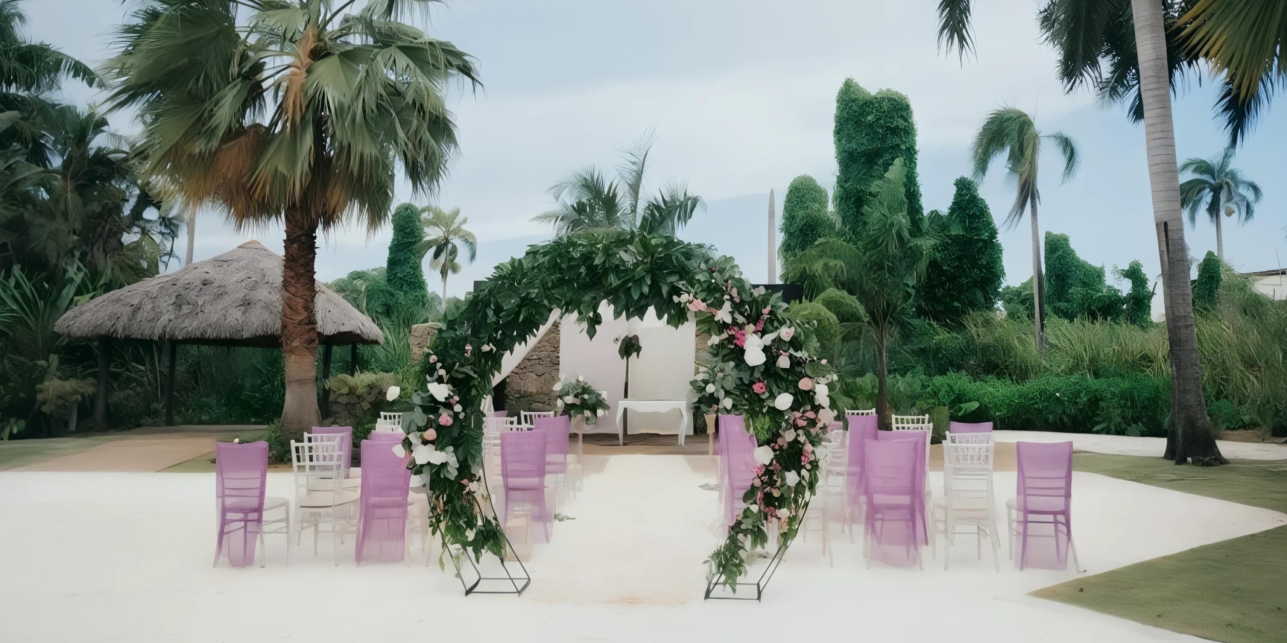 Outdoor wedding setup with an arch covered in greenery and flowers. Rows of purple chairs are arranged on both sides of a white aisle, surrounded by palm trees and lush greenery.