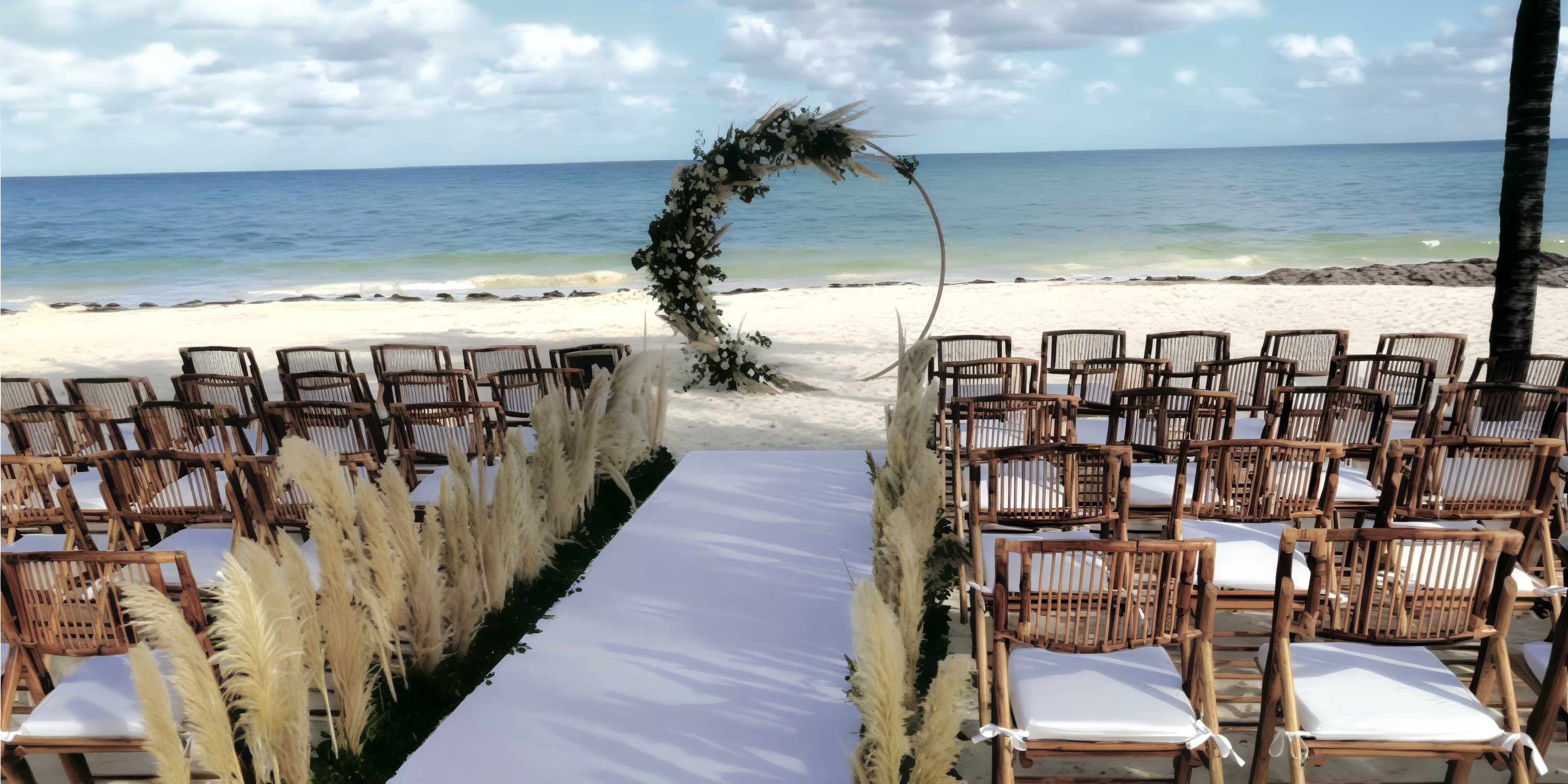 Rows of chairs face a decorated wedding arch on the beach at this destination wedding venue in Cancun.