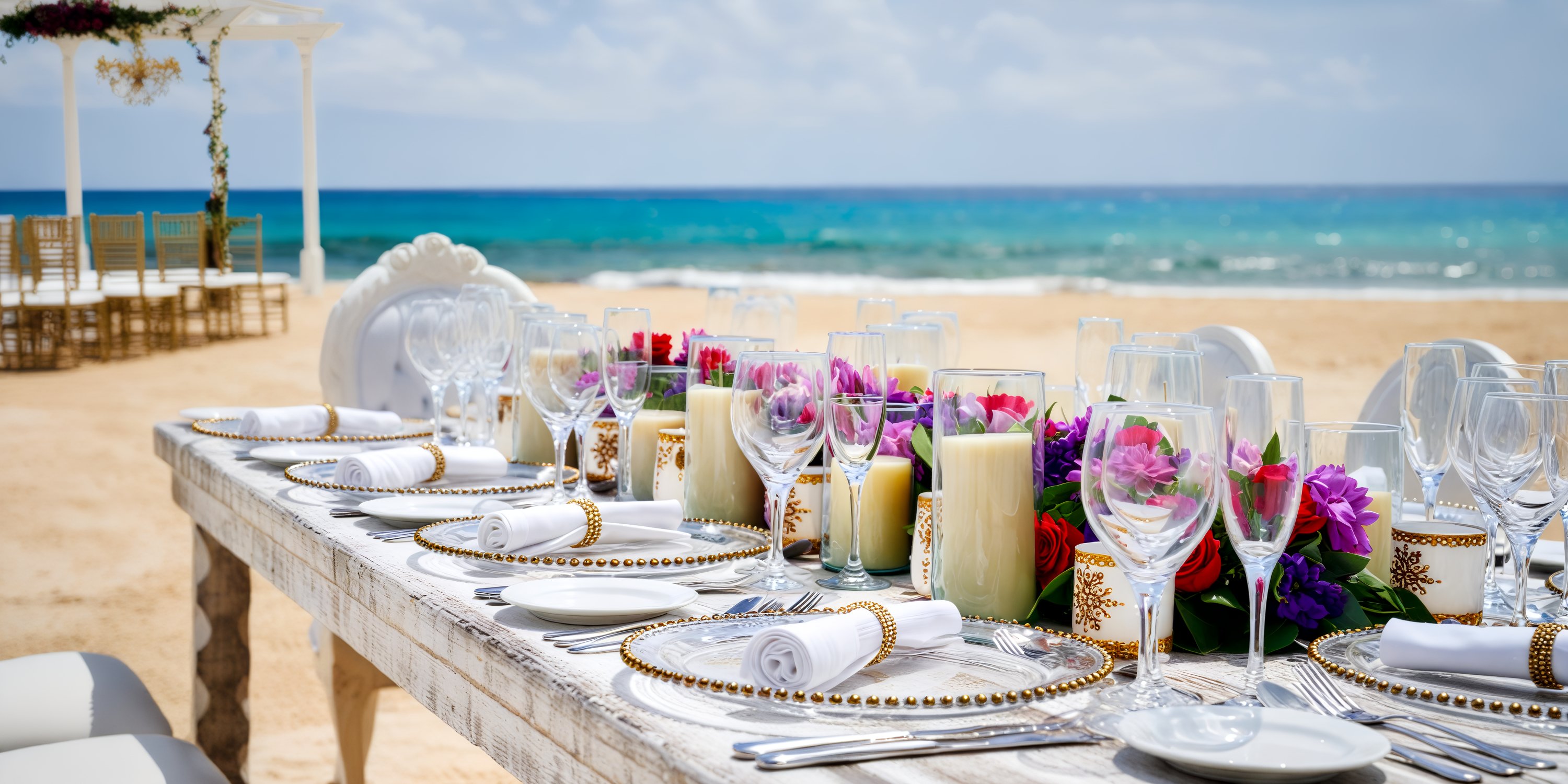 Experience an elegant destination wedding setup at Hyatt Zilara Cancun: beautifully arranged flowers, enchanting candles, and exquisite glassware all come together beneath the clear skies.