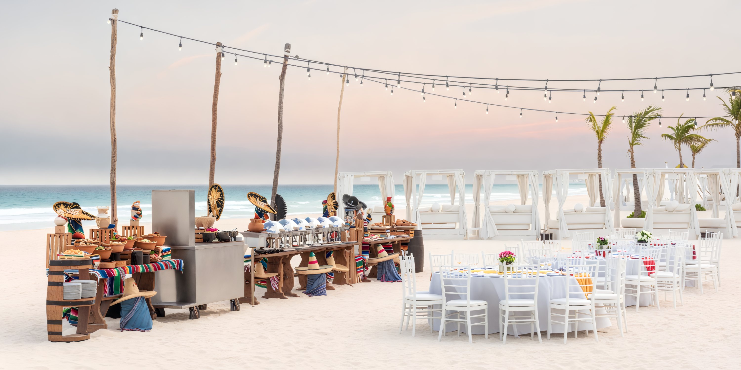 Hyatt Zilara Cancun provides an enchanting setting for a destination wedding with beachfront dining that features elegantly arranged tables and chairs, twinkling string lights, and beautifully set stations.