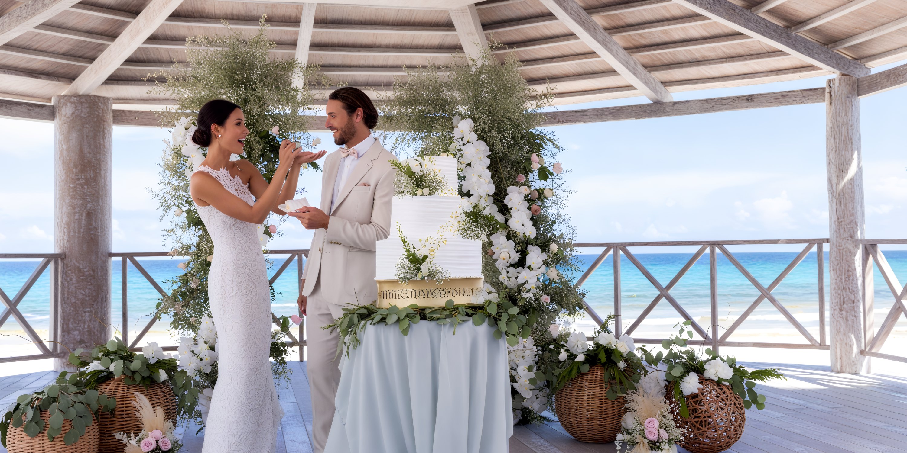 The couple celebrated their destination wedding by cutting their cake in a seaside gazebo at the Hyatt Zilara Cancun.
