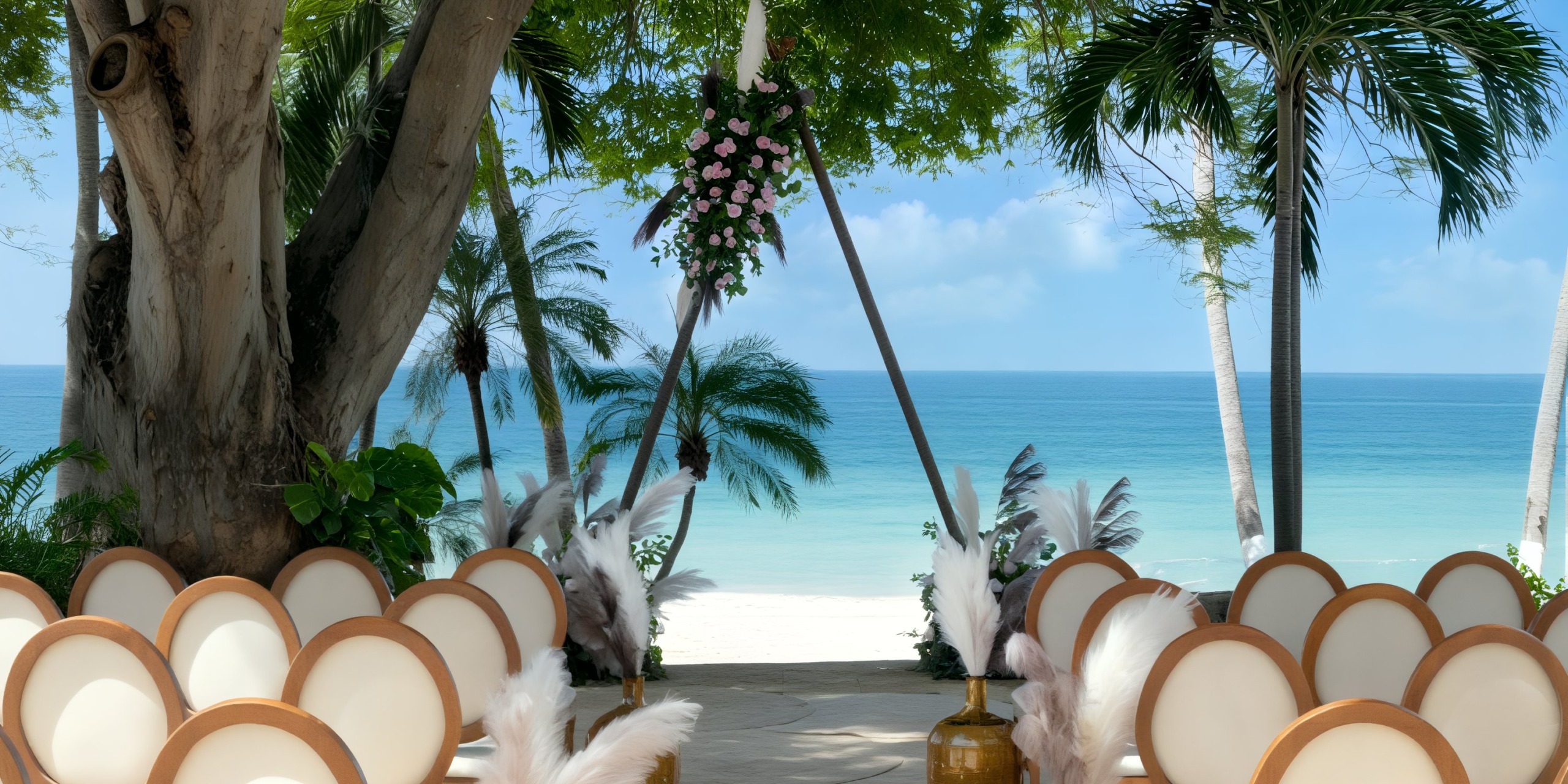 A beautiful destination wedding setup at Hyatt Ziva Puerto Vallarta, featuring a stunning floral arch and elegant chairs aligned perfectly to face the ocean.