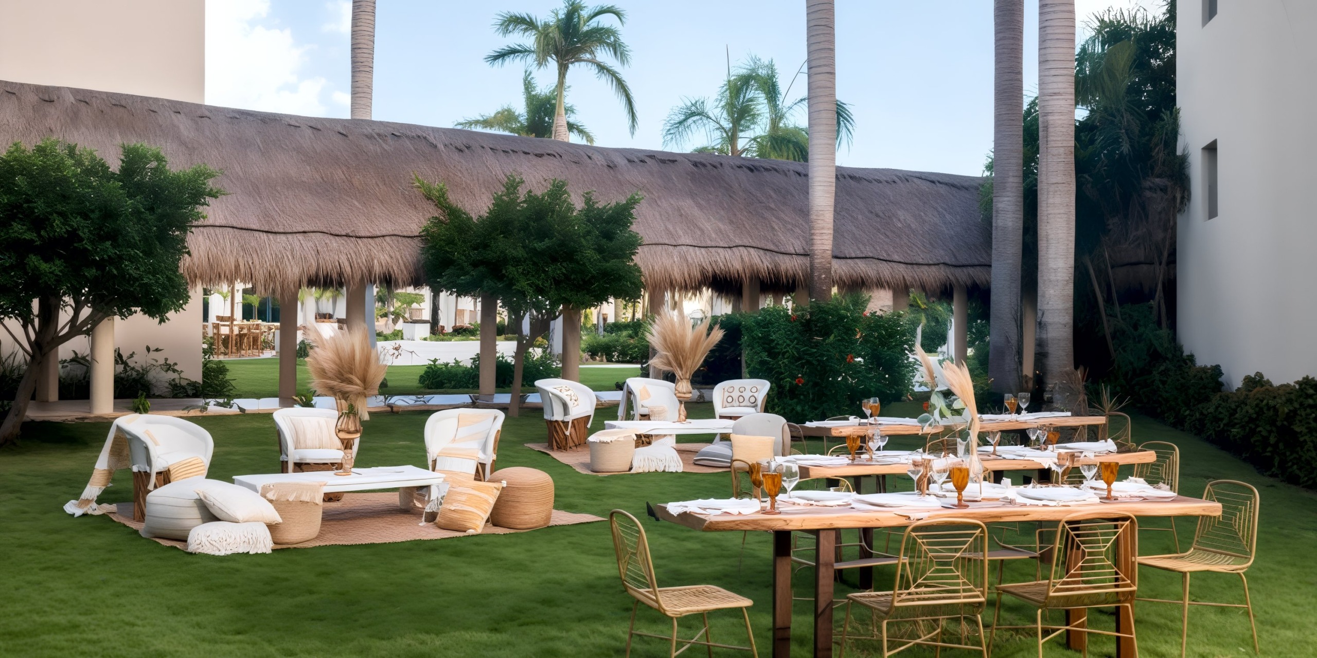 Experience a destination wedding like no other by dining outdoors on lush grass, surrounded by palm trees and cushioned seating at the Hyatt Ziva Riviera Cancun.