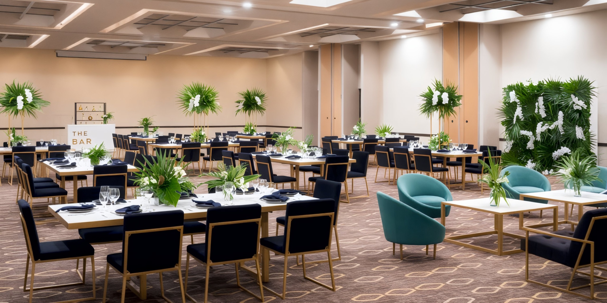Experience the elegance of a dining space at Hyatt Ziva Riviera Cancun, perfect for a destination wedding, featuring meticulously arranged tables and lush greenery decor.