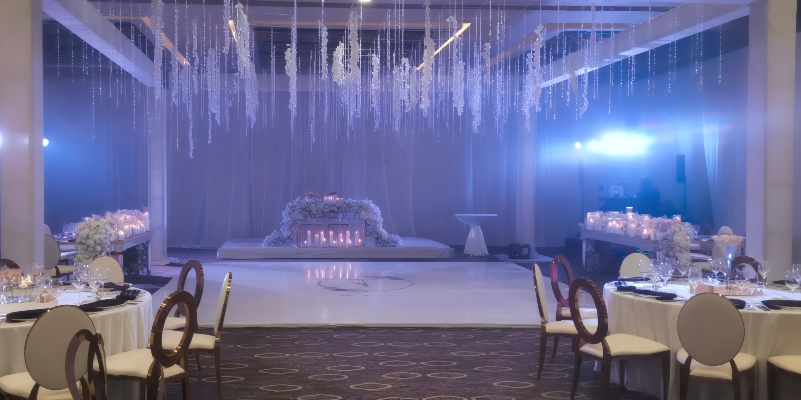 Hyatt Ziva Riviera Cancun: Experience an elegant destination wedding with a beautifully arranged stage, exquisite flower arrangements, round tables, and soft lighting to create the perfect romantic ambiance.