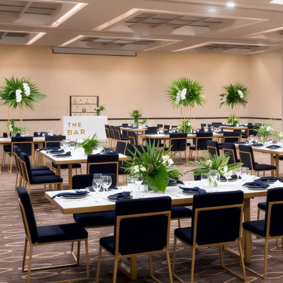 Experience an elegant destination wedding at Hyatt Ziva Riviera Cancun, where beautifully set tables and charming palm decor create a stunning dining atmosphere, all complemented by a stylish bar sign backdrop.