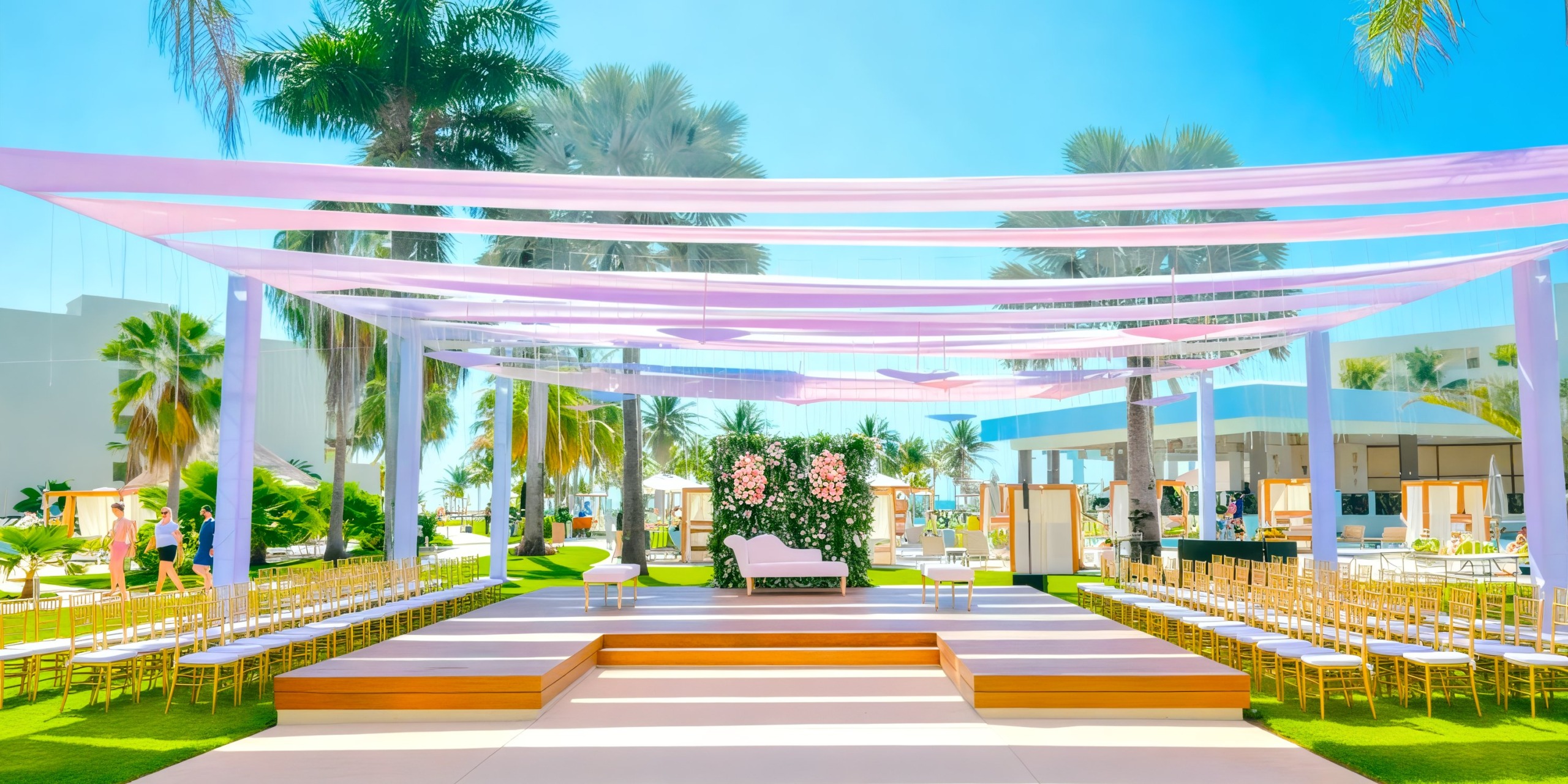 A stunning destination wedding stage at Hyatt Ziva Cancun, adorned with elegant fabric and seating, surrounded by sunlit palm trees.