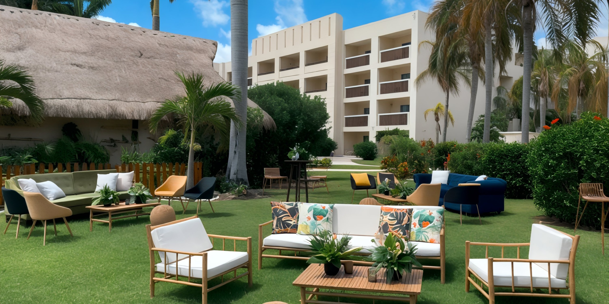 Experience the perfect setting for a destination wedding at the Hyatt Ziva Riviera Cancun's outdoor lounge. This picturesque venue features comfortable sofas on the lush lawn, surrounded by swaying palm trees, and offers stunning views of the elegant buildings.