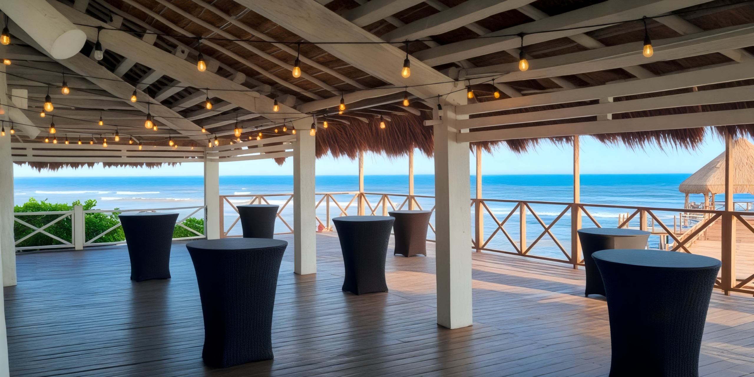 Hyatt Ziva Riviera Cancun offers a picturesque setting for your destination wedding, featuring string lights, cocktail tables, and a stunning ocean view on the patio.