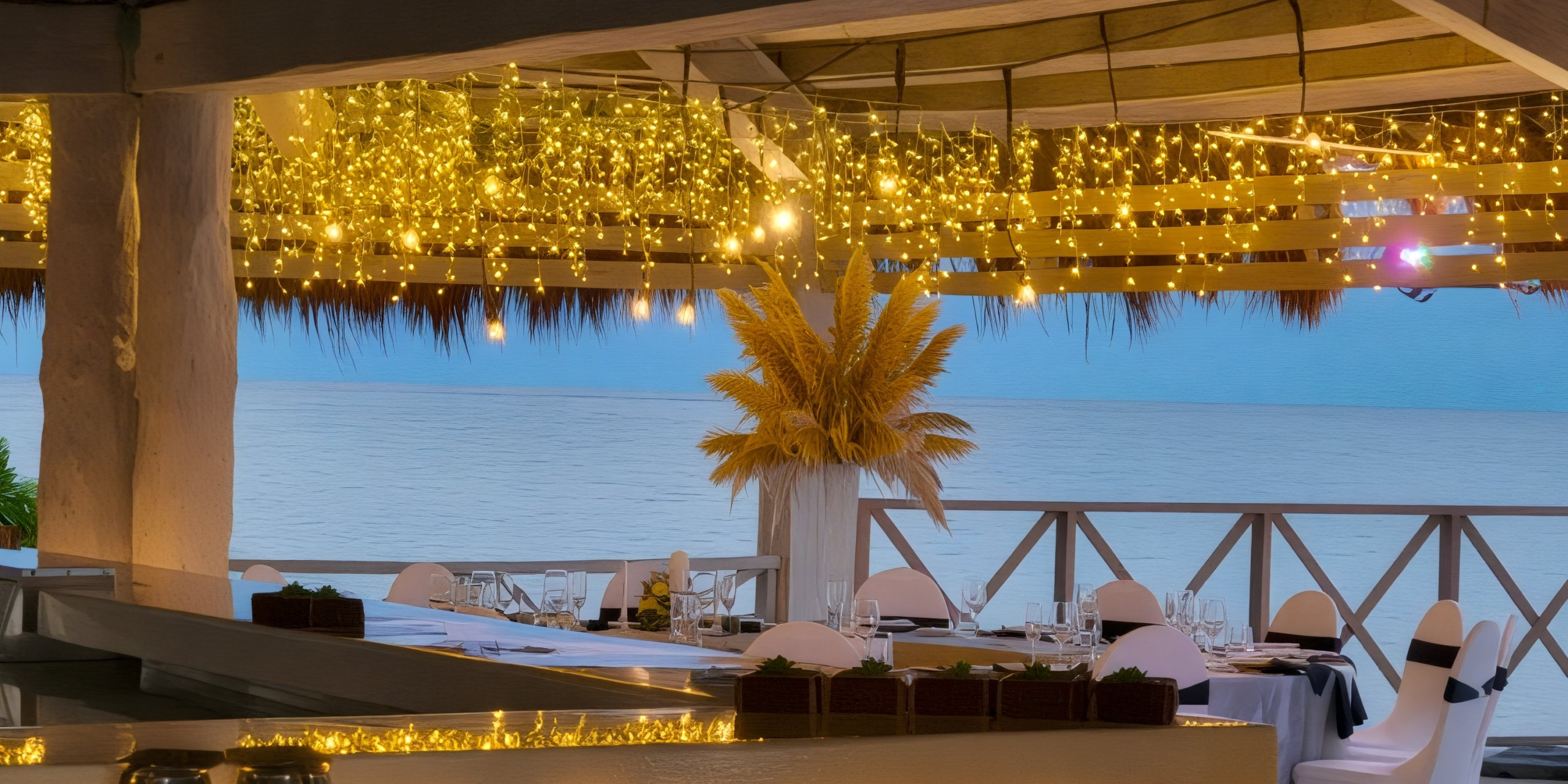 Experience a stunning destination wedding at Hyatt Ziva Riviera Cancun with enchanting outdoor dining, illuminated by string lights and complemented by breathtaking sea views.