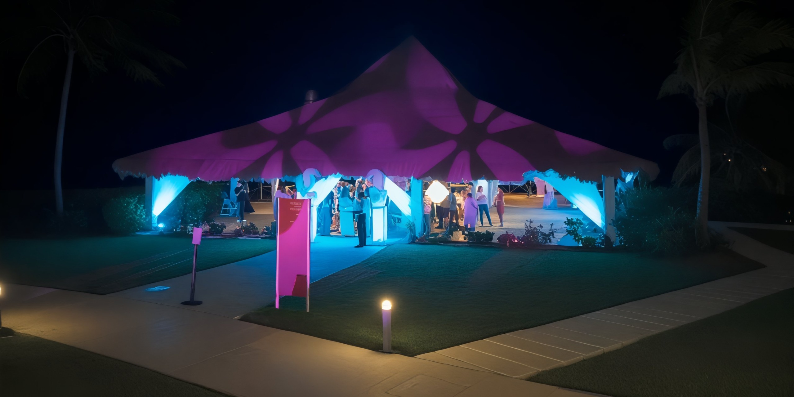 The Hyatt Ziva Riviera Cancun tent, illuminated with vibrant colors at night, creates a magical setting for a destination wedding.