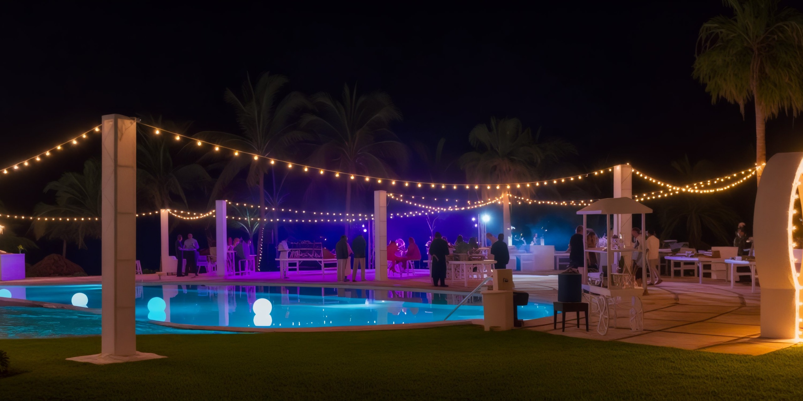 Experience a magical nighttime pool party adorned with string lights at Hyatt Ziva Riviera Cancun, the perfect setting for your destination wedding celebration.