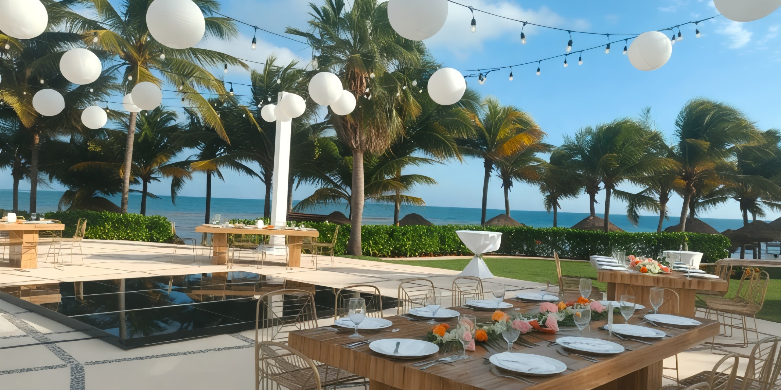 Hyatt Ziva Riviera Cancun offers a picturesque setting for a destination wedding, featuring outdoor dining surrounded by palm trees and stunning ocean views illuminated by enchanting lights and lanterns.