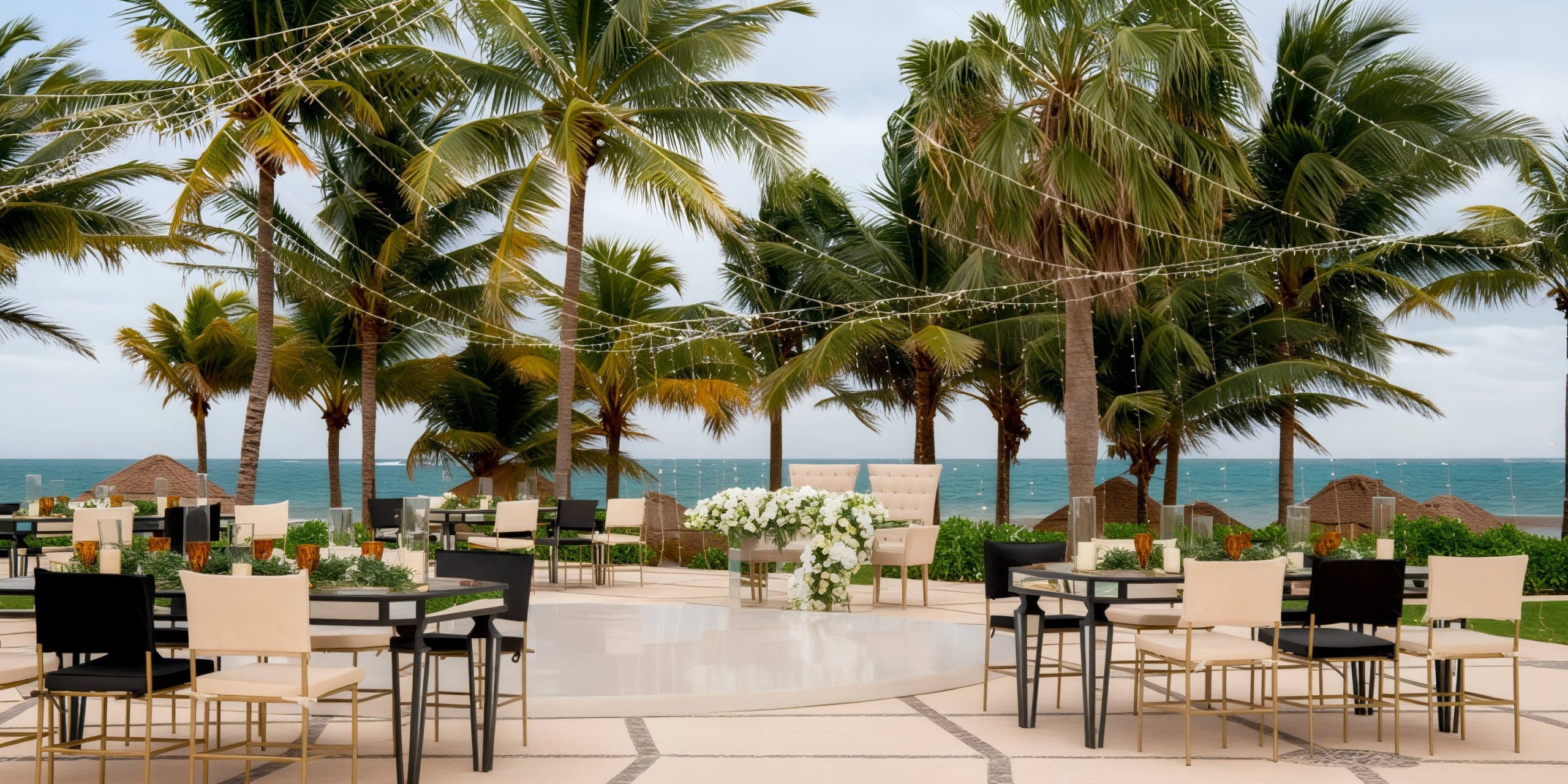 A picturesque outdoor destination wedding setup at Hyatt Ziva Riviera Cancun, featuring elegant tables and chairs nestled among swaying palm trees.