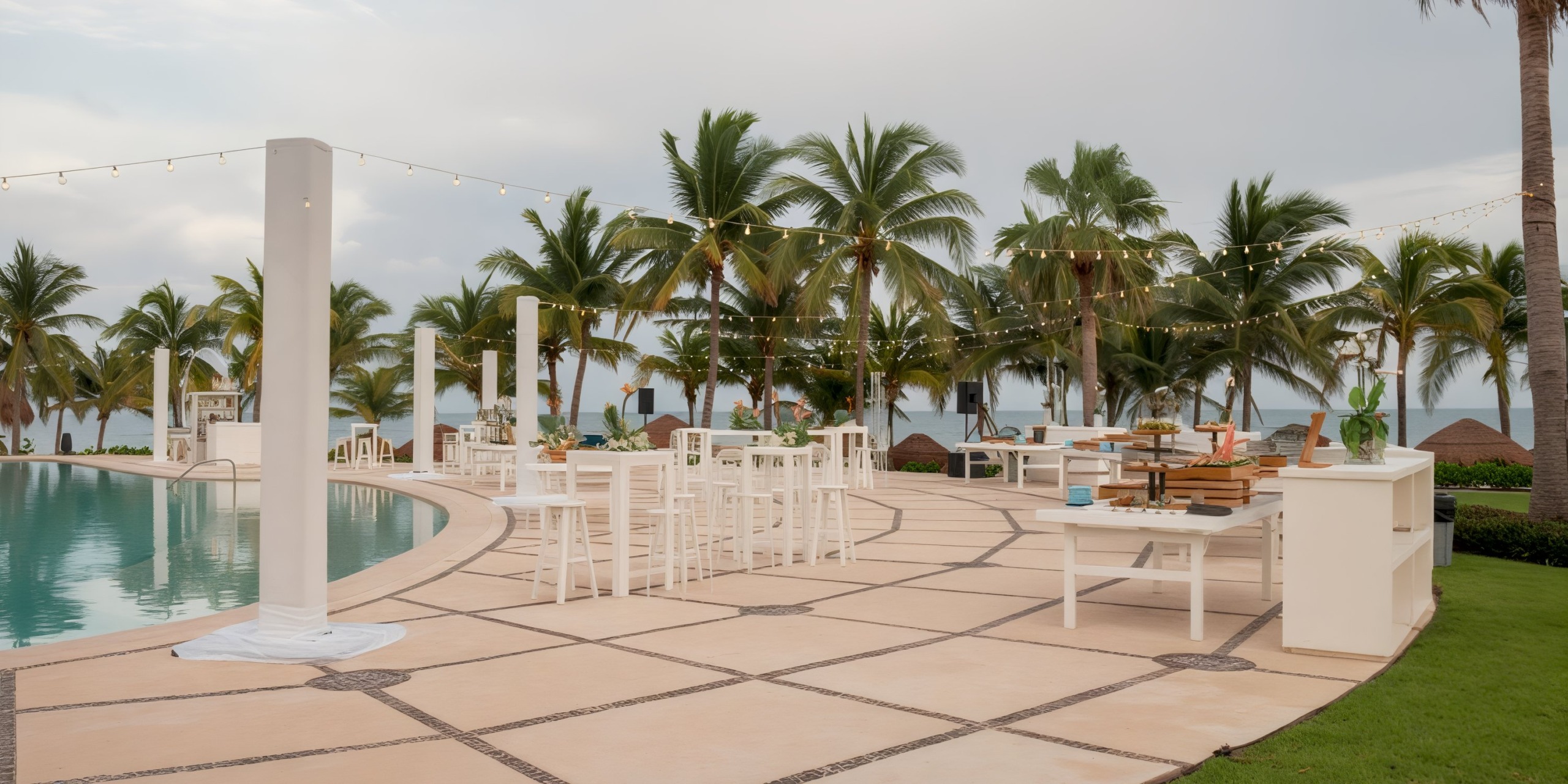 The outdoor area at Hyatt Ziva Riviera Cancun is perfect for a destination wedding, featuring tropical decor and palm trees to create an enchanting atmosphere.