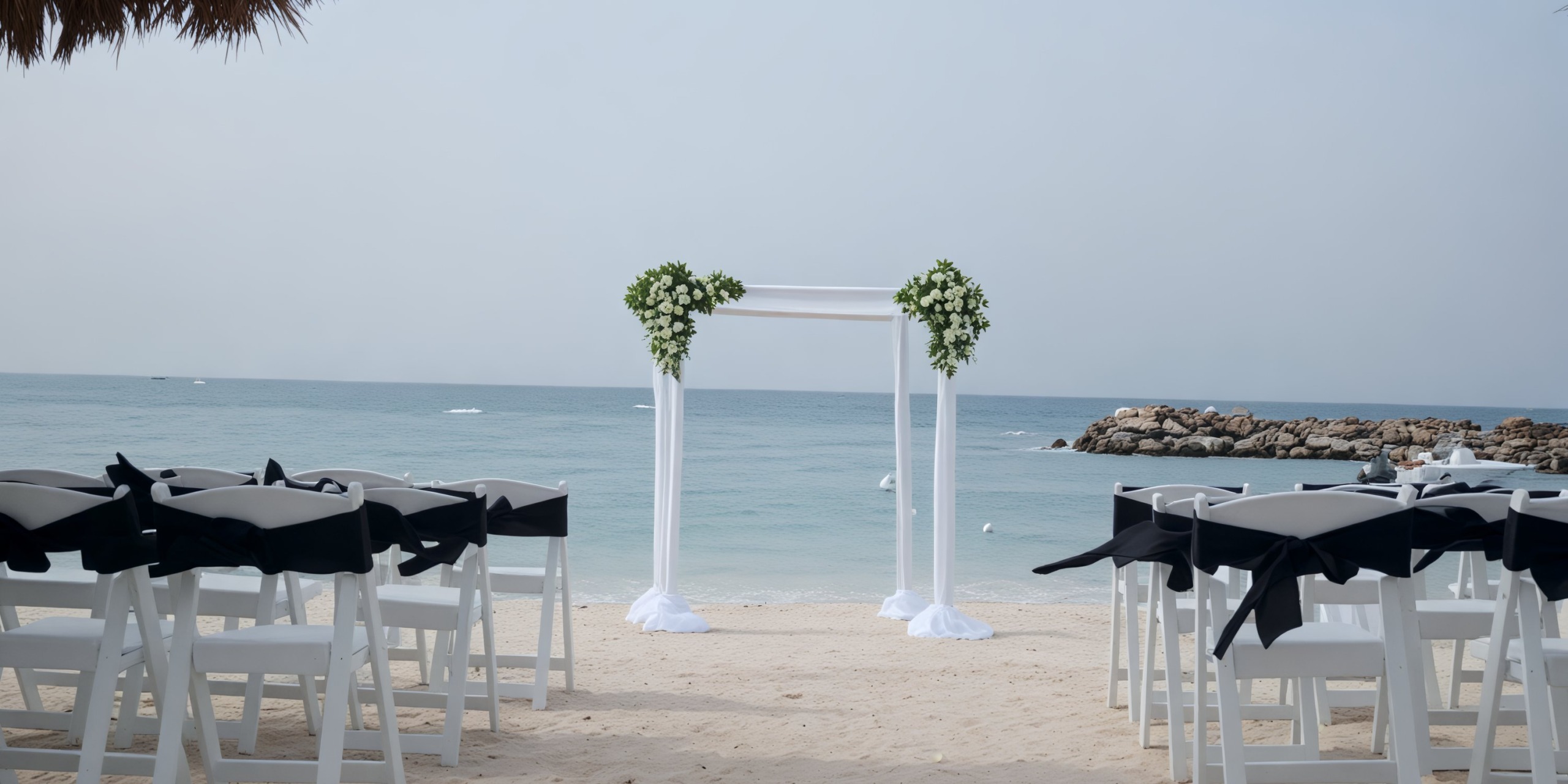A picturesque destination wedding setup at Hideaway features elegant white chairs and a stunning floral arch, all perfectly arranged to face the tranquil ocean.