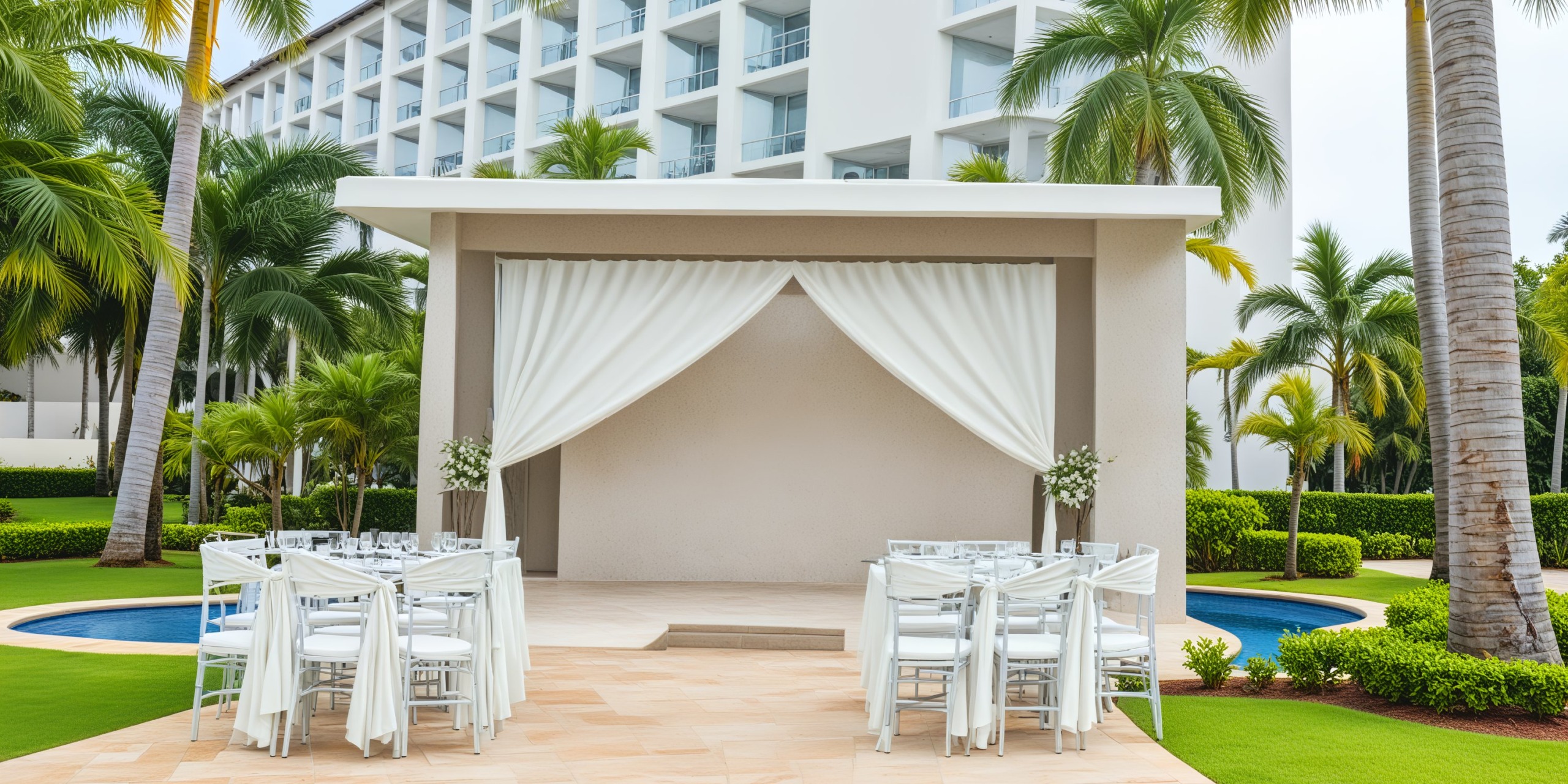 The destination wedding at Hideaway features an outdoor setup with elegant white chairs and tables. A beautifully draped arch is set near the pool, creating a picturesque setting for the celebration.