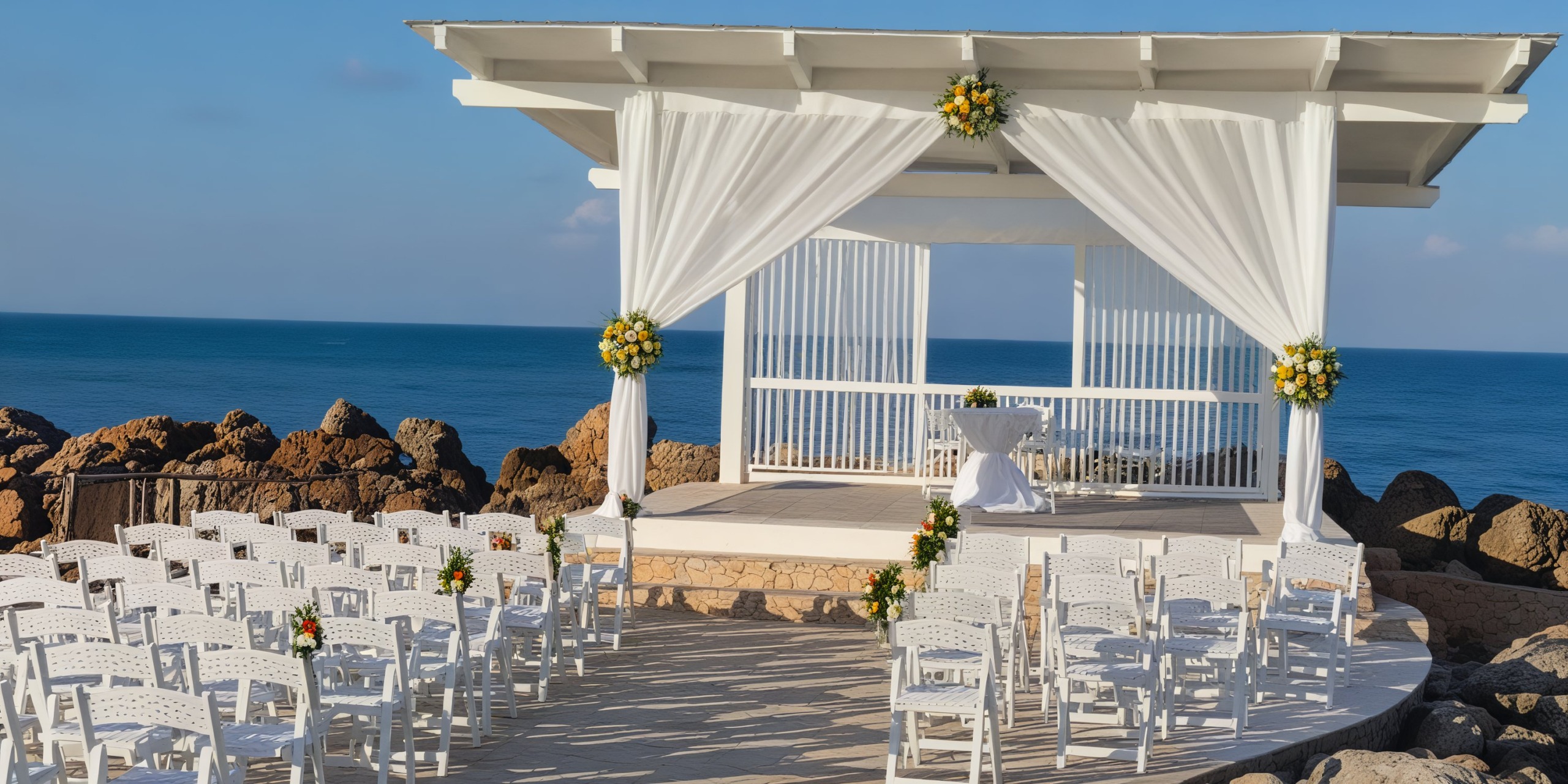 Experience a stunning destination wedding at Hideaway, Royalton Blue Waters, featuring a beautiful outdoor setup with elegant white chairs perfectly positioned by the sea.