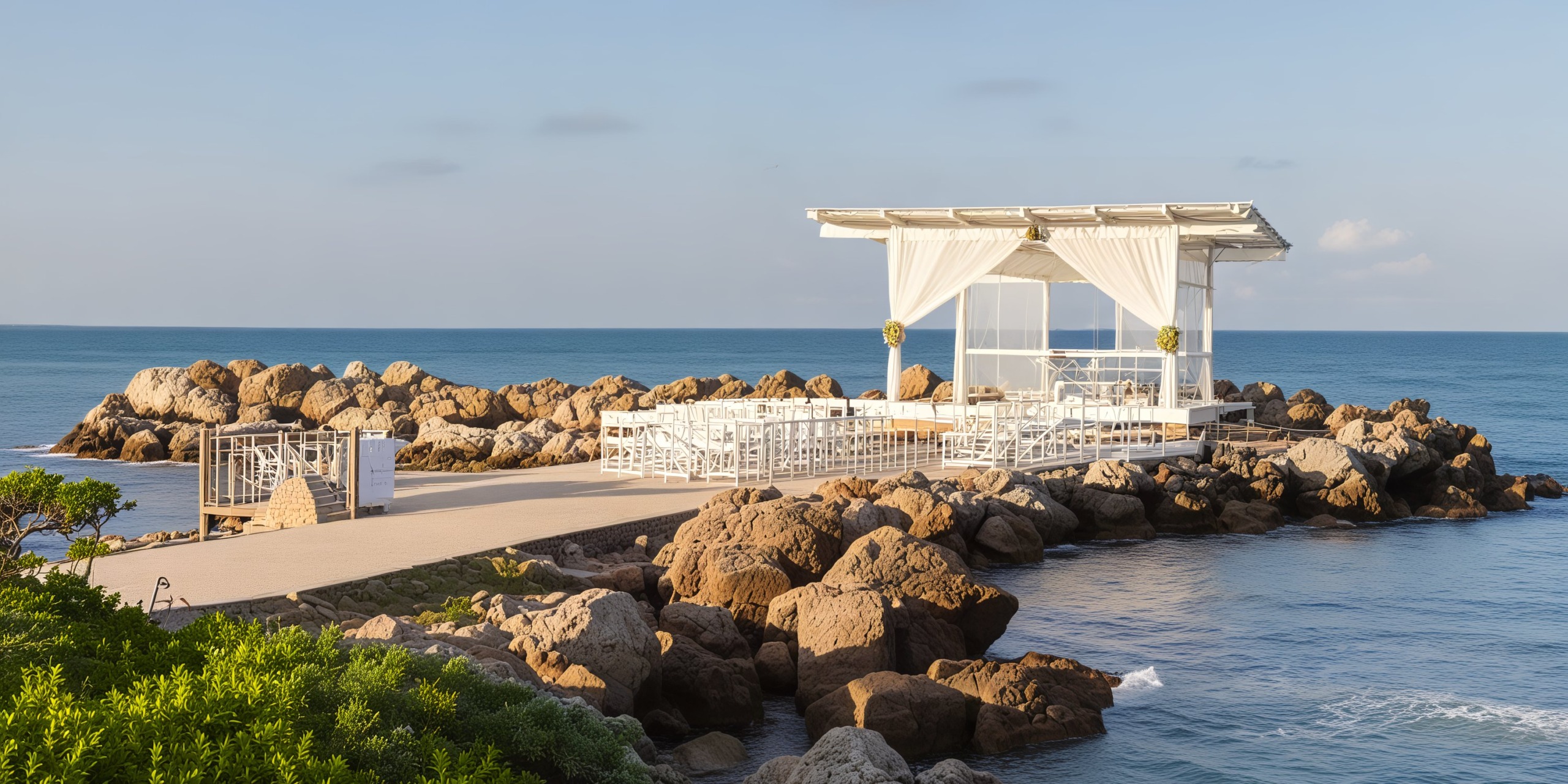 Host your destination wedding at the Hideaway at Royalton Blue Waters, featuring a stunning gazebo set on a rocky pier by the sea.