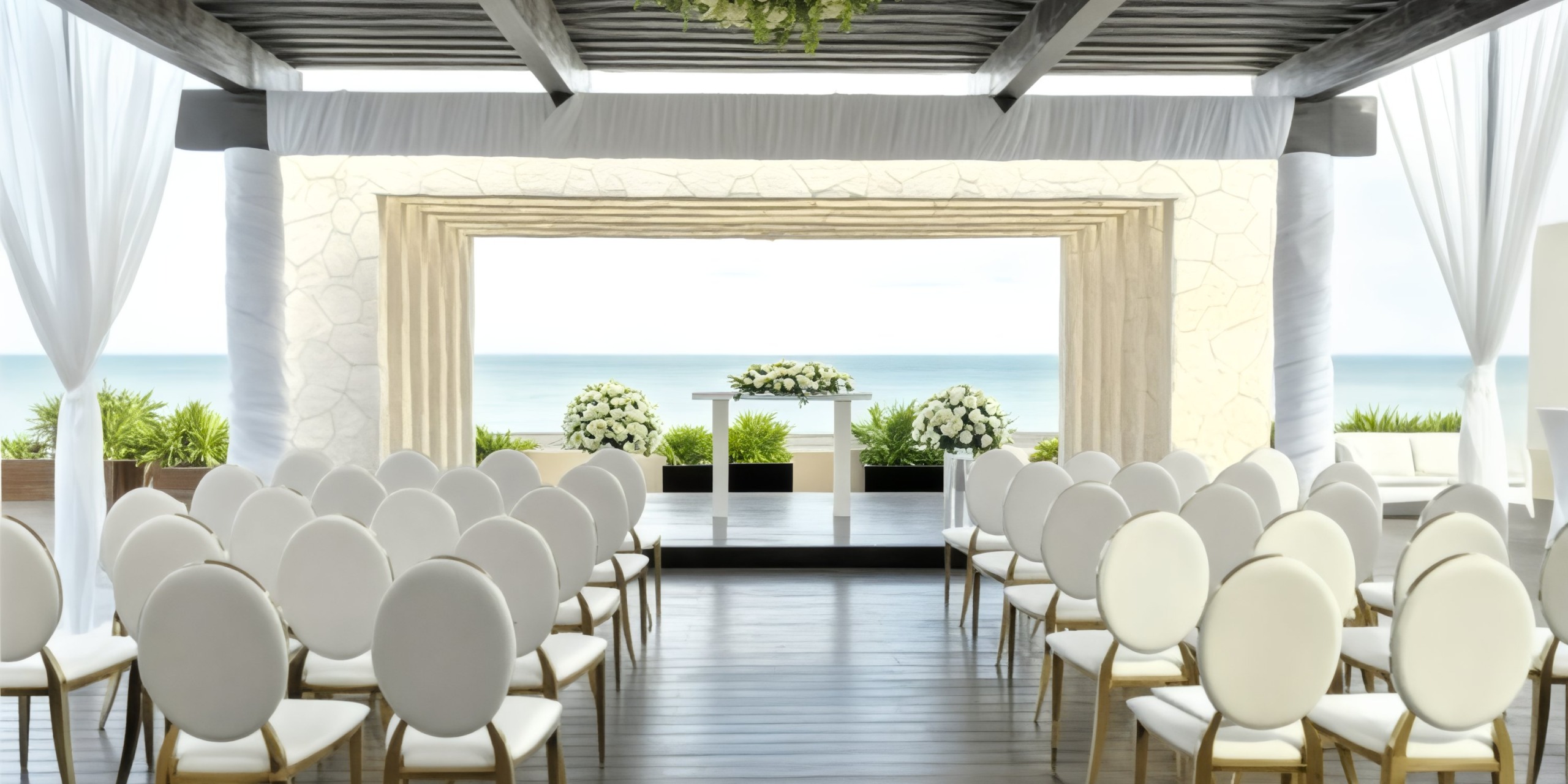 Experience the perfect destination wedding at Hideaway at Royalton Riviera Cancun, featuring elegant white chairs, exquisite floral decor, and breathtaking sea views.