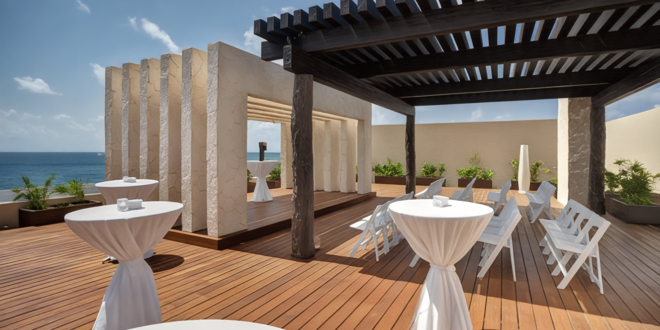Experience the perfect destination wedding setting at Hideaway at Royalton Riviera Cancun, where a charming patio with chairs, tables, and a pergola overlooks the ocean under a beautifully cloudy sky.