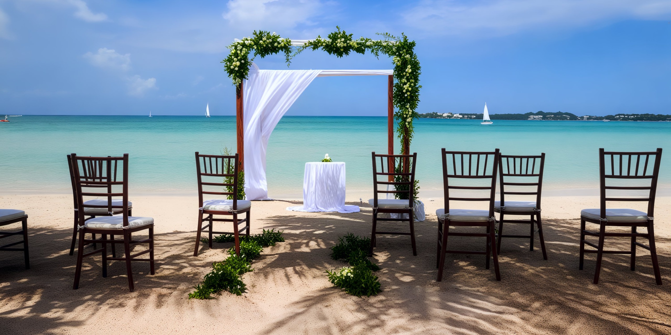 Destination wedding at Hideaway at Royalton Negril features chairs arranged to face a picturesque seaside archway.